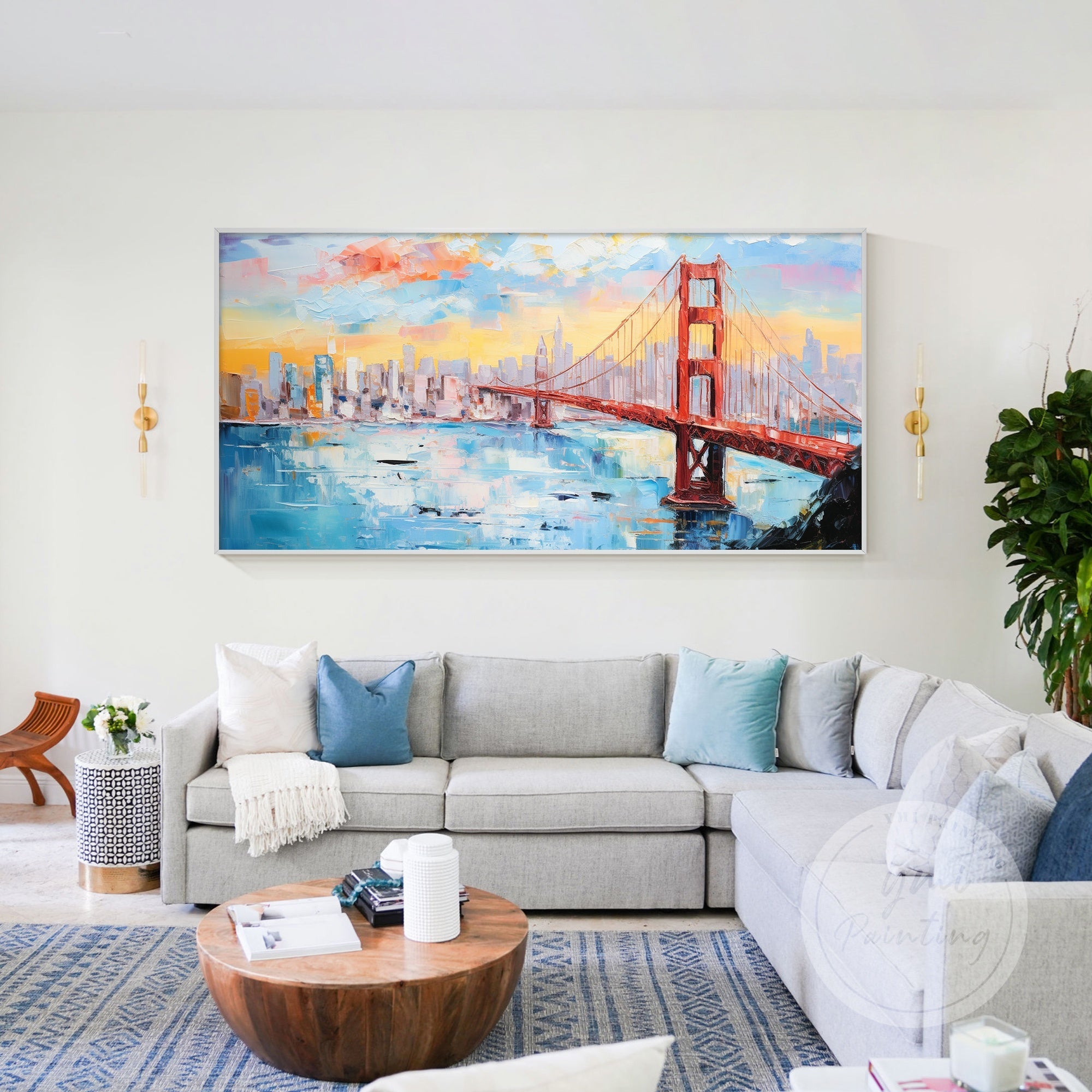 Large framed artwork of the Golden Gate Bridge with dramatic red and blue colors, ideal for contemporary spaces.