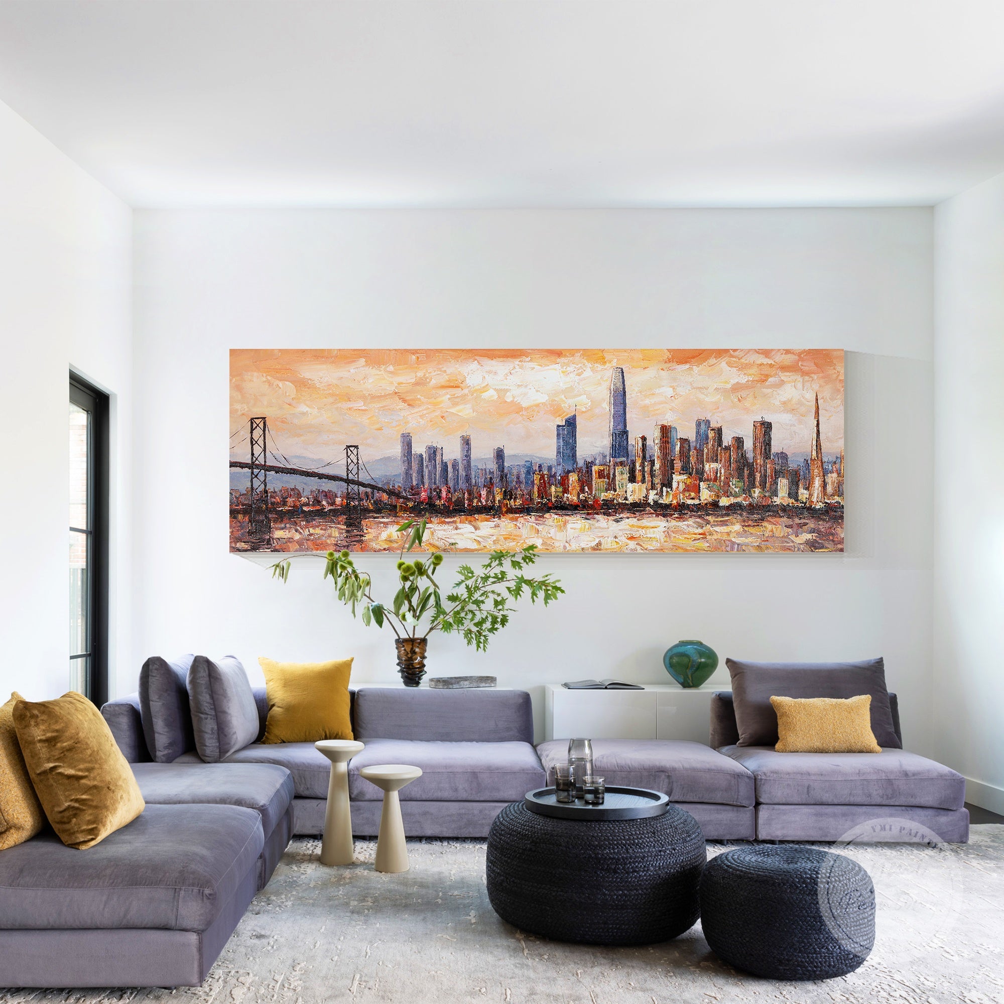 Hand-painted San Francisco cityscape, large abstract oil painting of the iconic skyline.