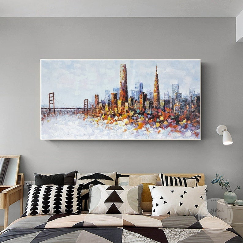 Original San Francisco cityscape art, featuring abstract palette knife texture and dynamic city skyline design.