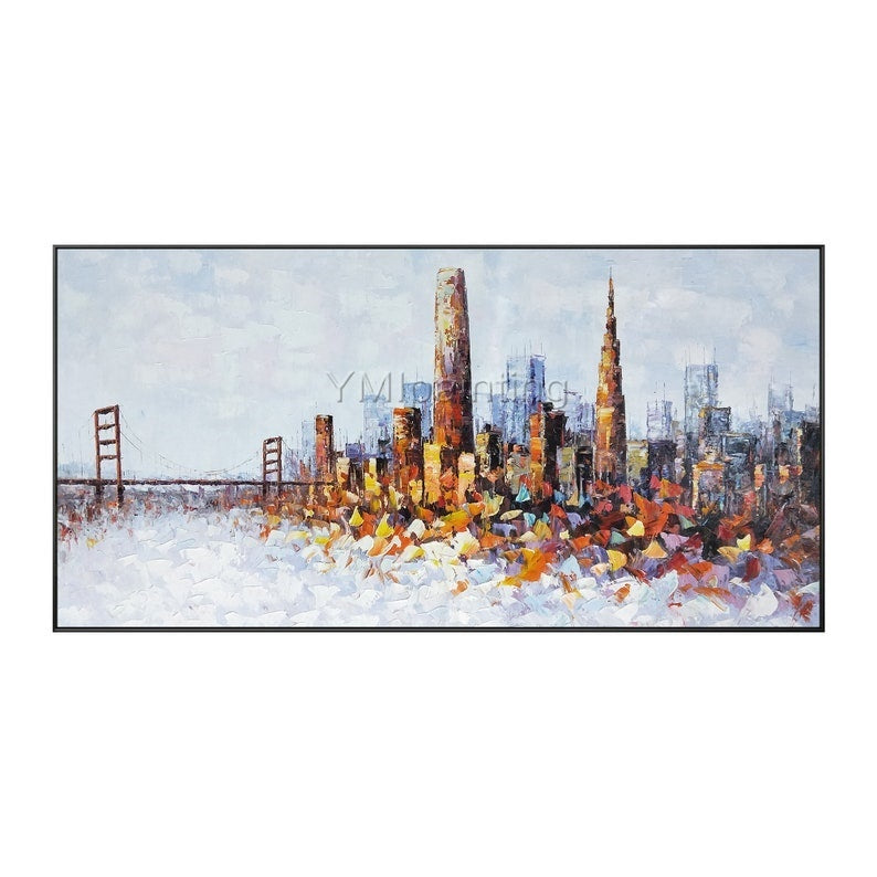 Hand-painted San Francisco skyline, abstract oil painting with textured palette knife strokes on canvas.