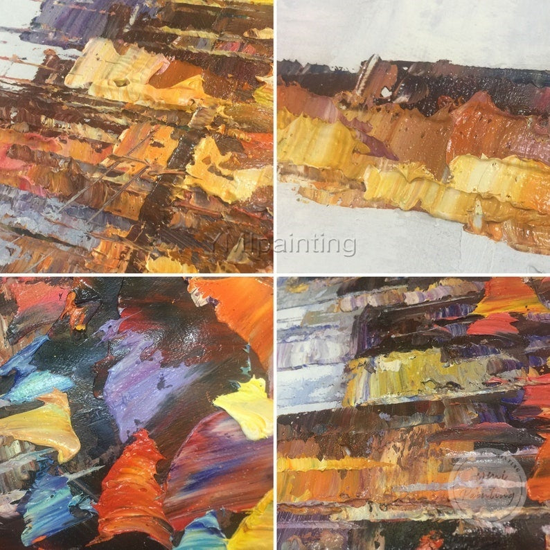 San Francisco skyline oil painting with expressive abstract palette knife texture, framed canvas art.