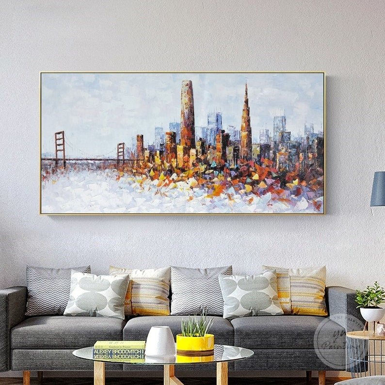 Abstract San Francisco cityscape painting, framed canvas art with vibrant palette knife texture.
