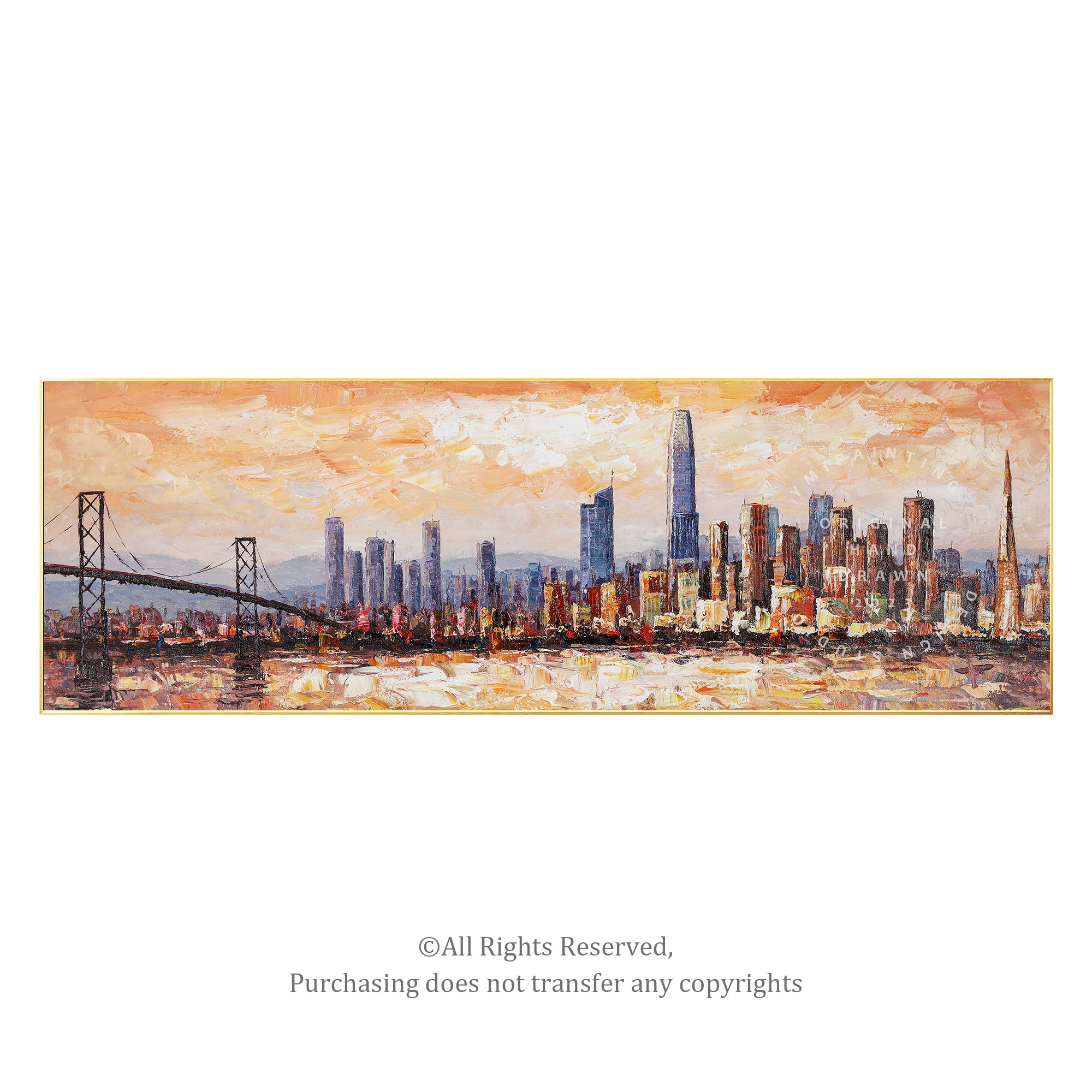 Hand-painted large San Francisco skyline painting, abstract cityscape wall art for modern decor.