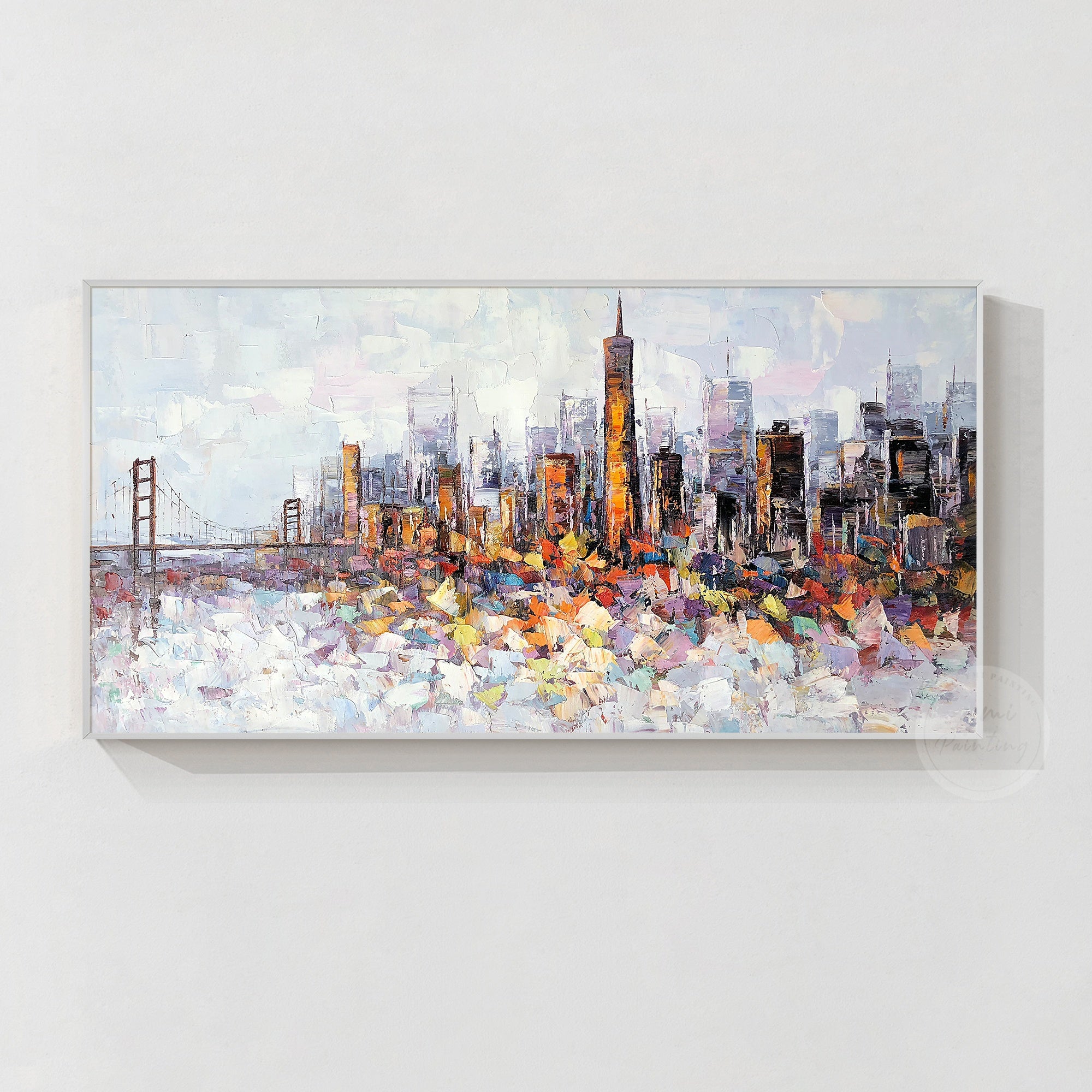 Hand-painted San Francisco cityscape, featuring textured palette knife strokes for a vibrant city skyline.