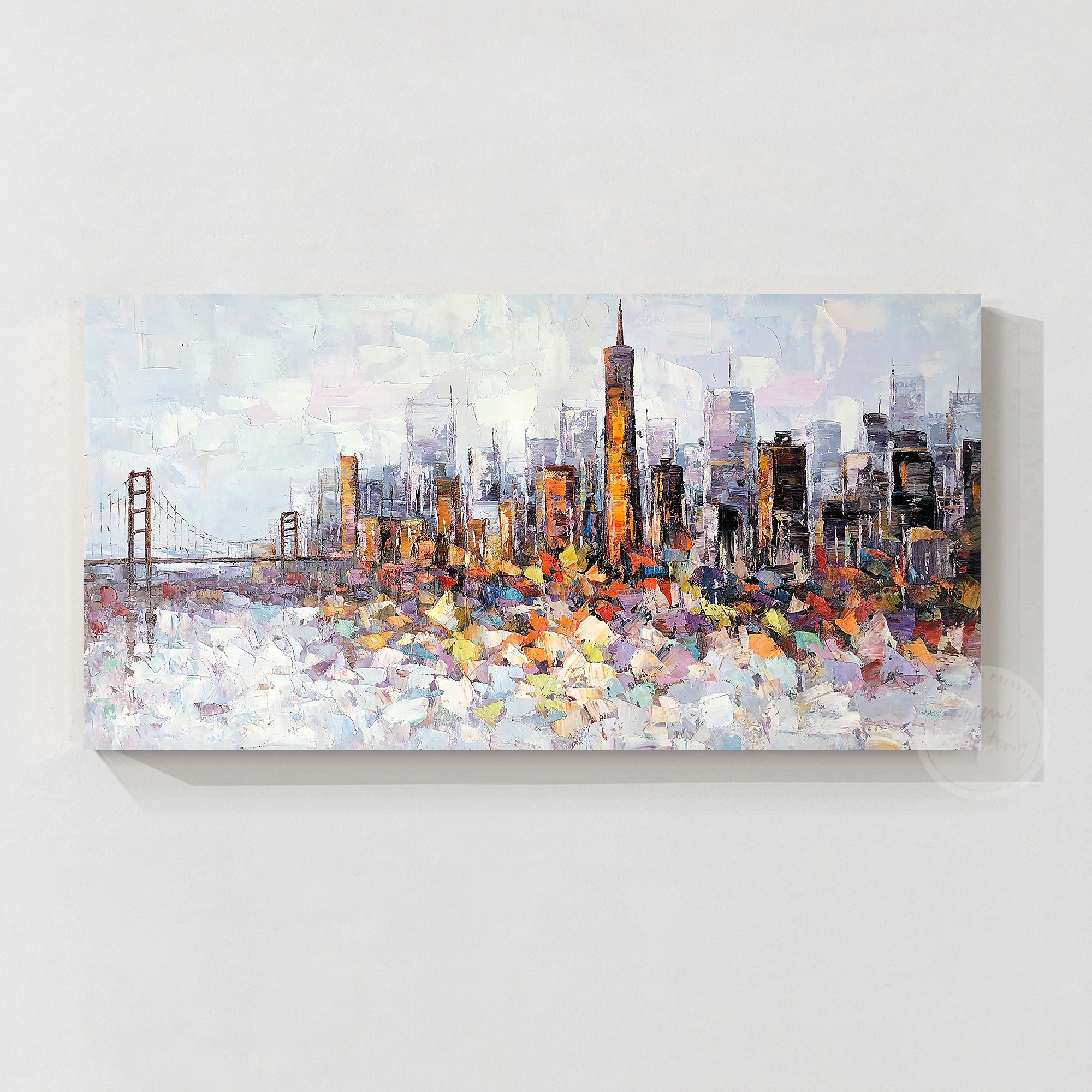 Hand-painted San Francisco cityscape, featuring textured palette knife strokes for a vibrant city skyline.