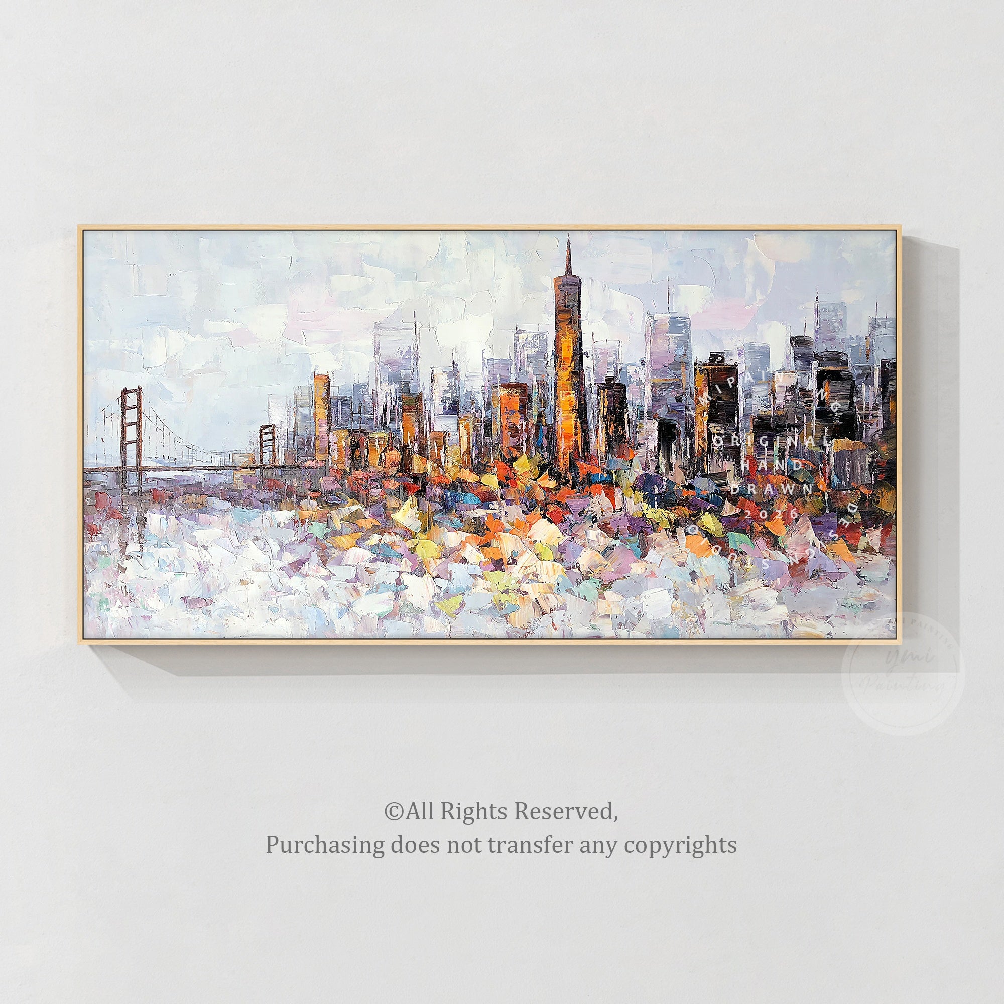 Hand-painted San Francisco cityscape, featuring textured palette knife strokes for a vibrant city skyline.
