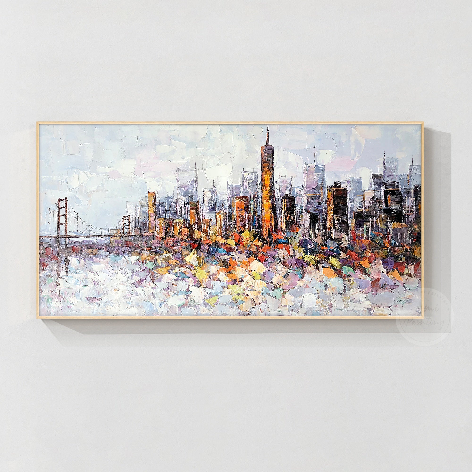 Hand-painted San Francisco cityscape, featuring textured palette knife strokes for a vibrant city skyline.