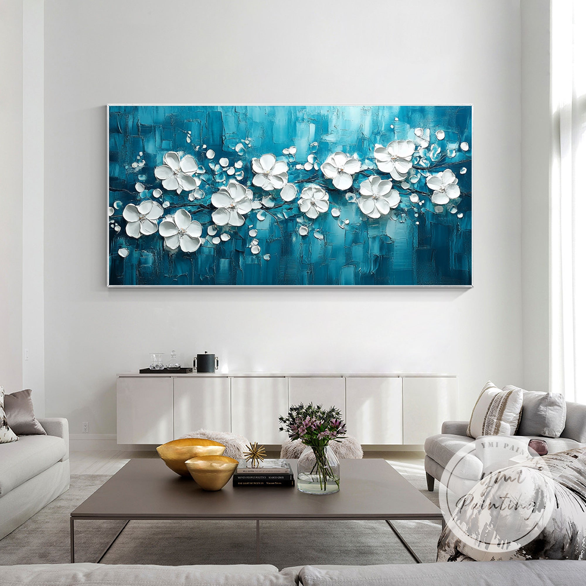 White blossom abstract canvas for modern home decor
