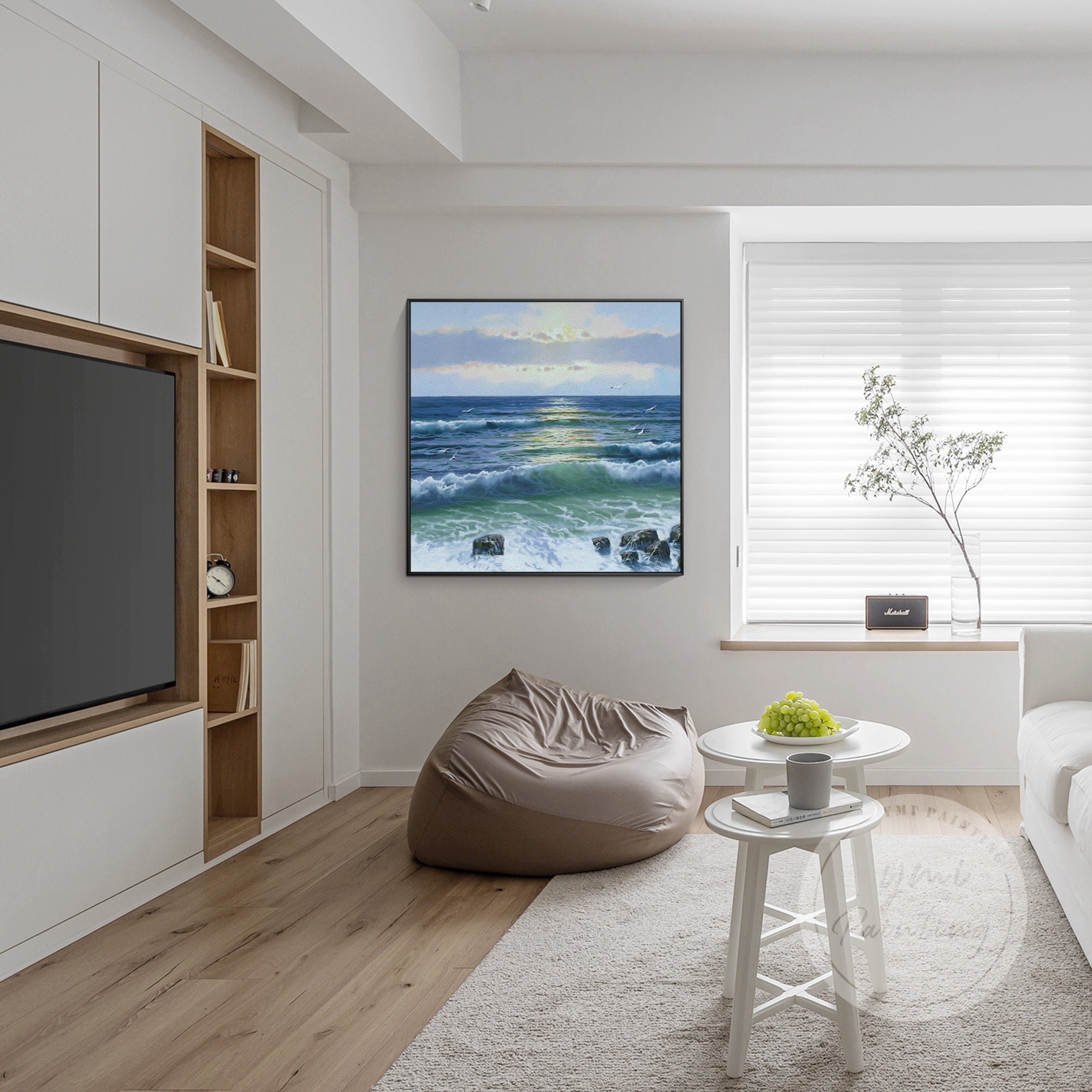 Original hand-painted ocean art capturing the beauty of a sunset-lit seascape.
