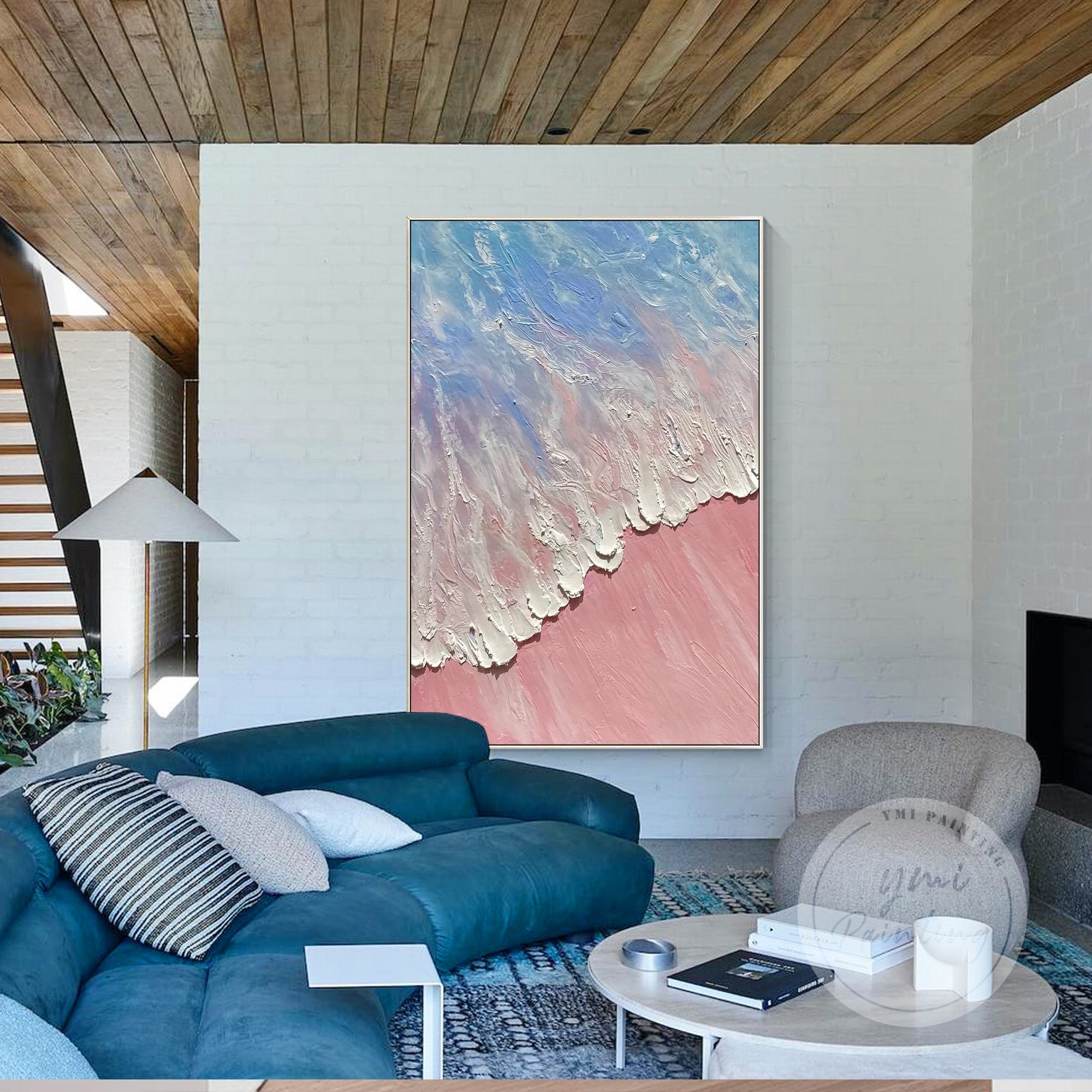 Pink beach abstract art with light blue sea waves, textured with a palette knife for a unique aesthetic.
