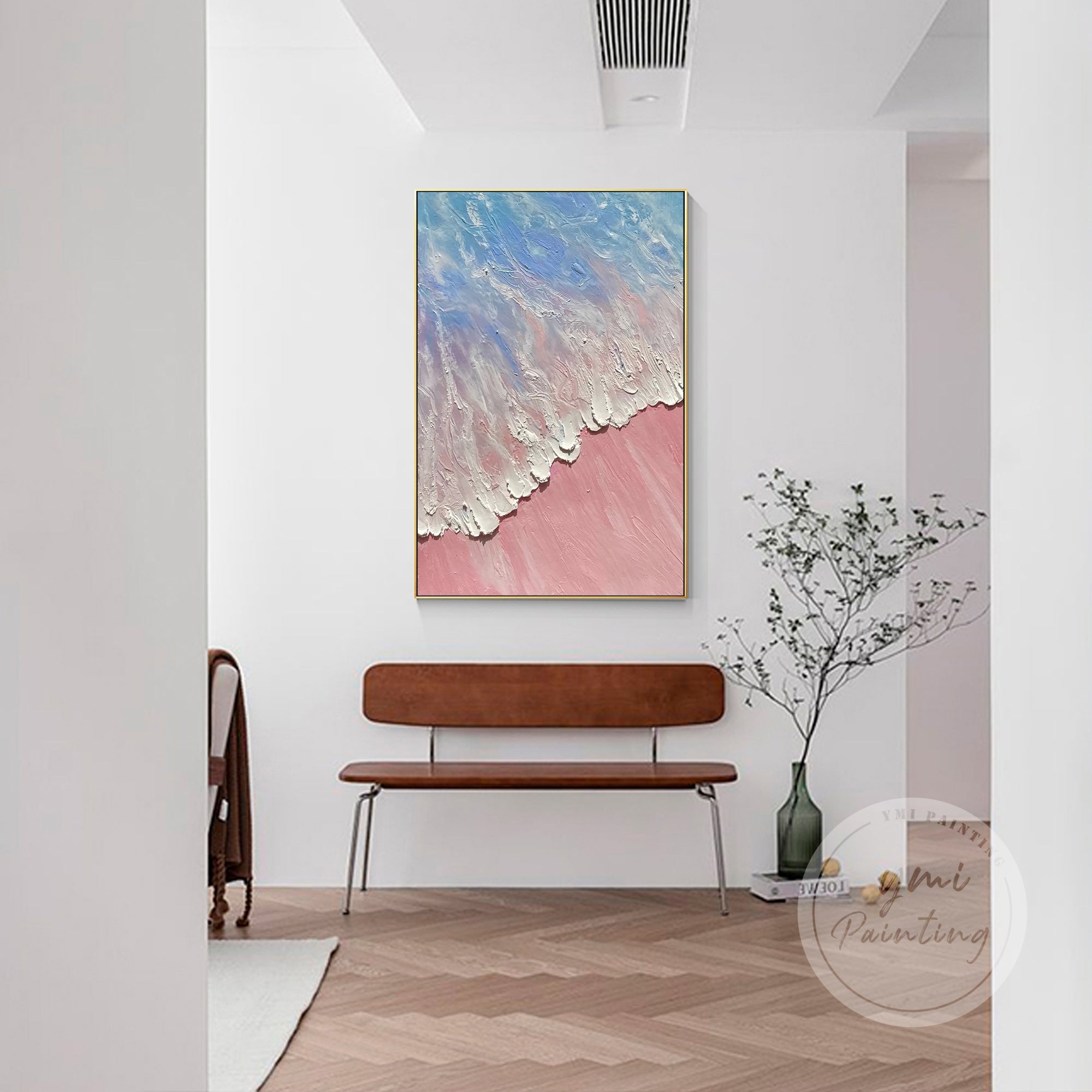 Modern seascape painting with thick acrylic textures and a dreamy pink and blue color palette.