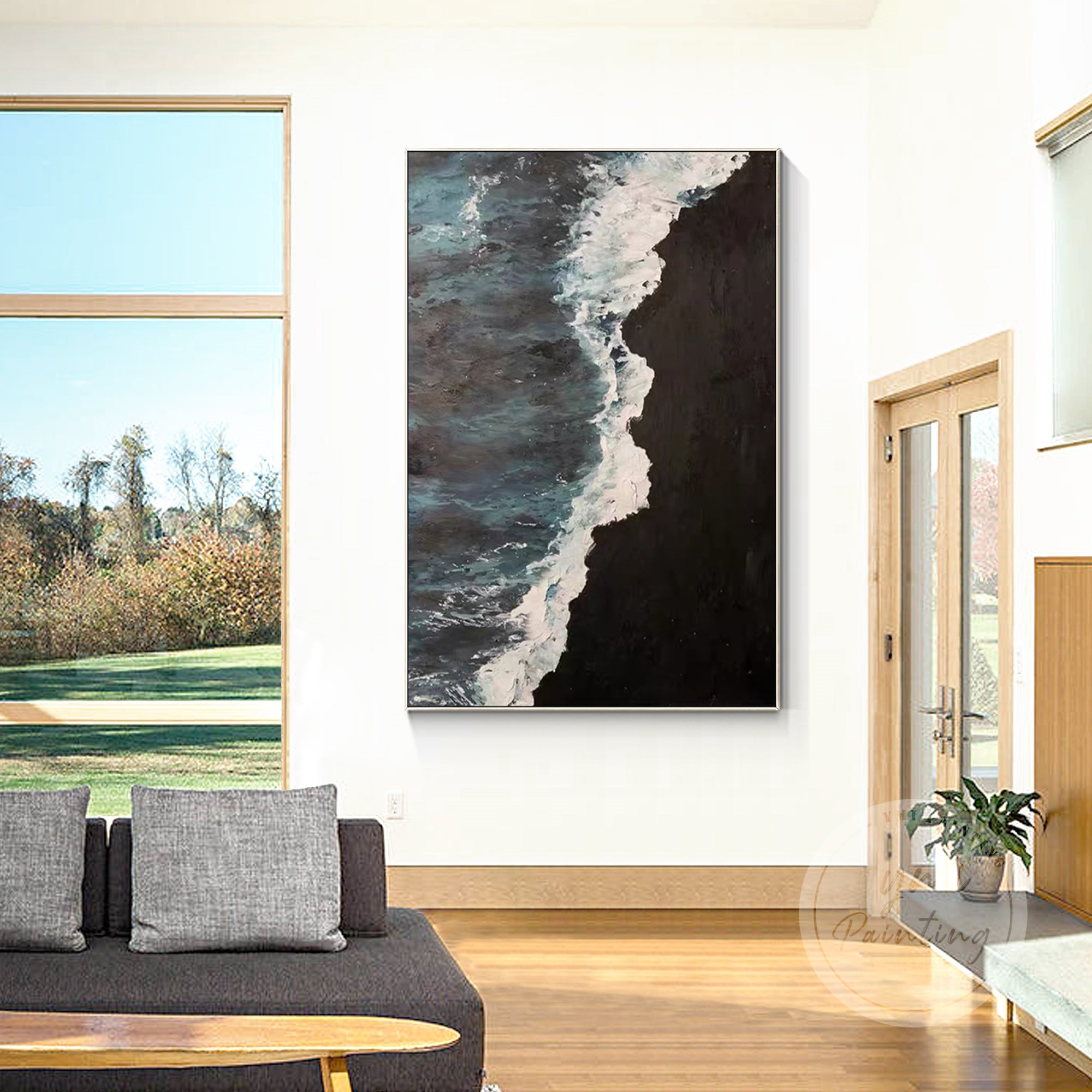Dark ocean abstract painting featuring black, teal, gray, and blue sea waves with thick texture.