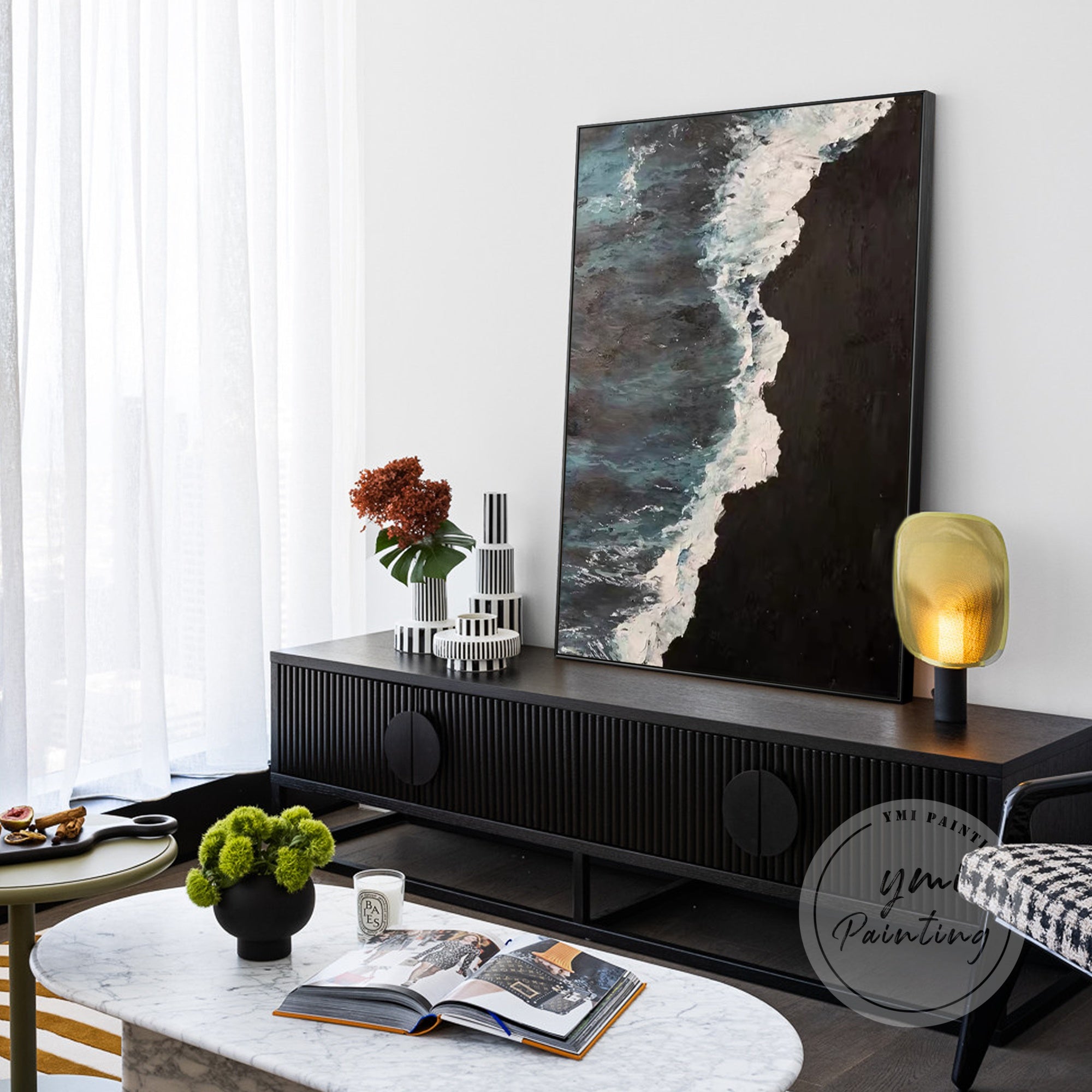 Original abstract ocean painting with deep colors and 3D textured wave patterns.
