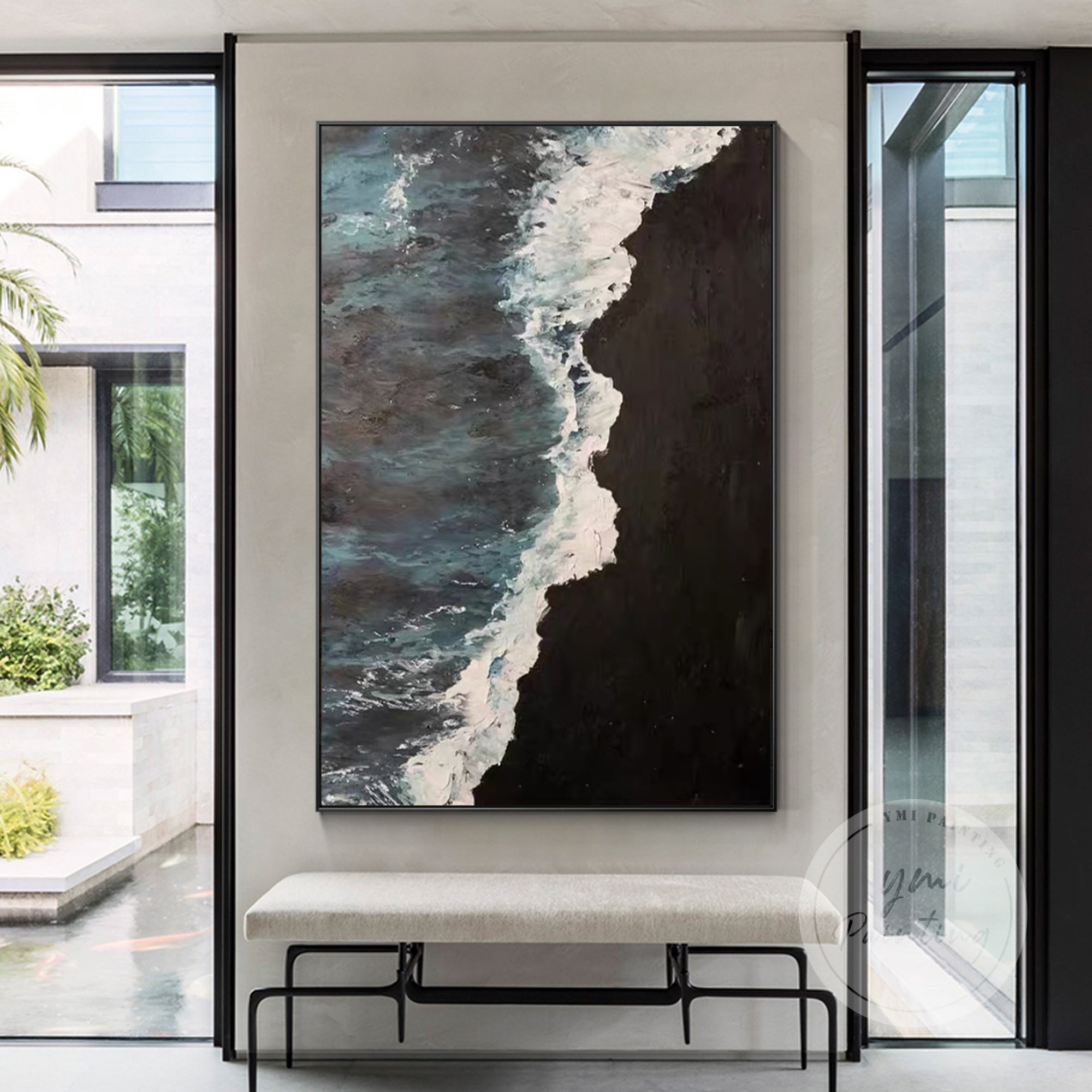 Coastal-inspired contemporary wall art with black beach elements and heavy acrylic strokes.