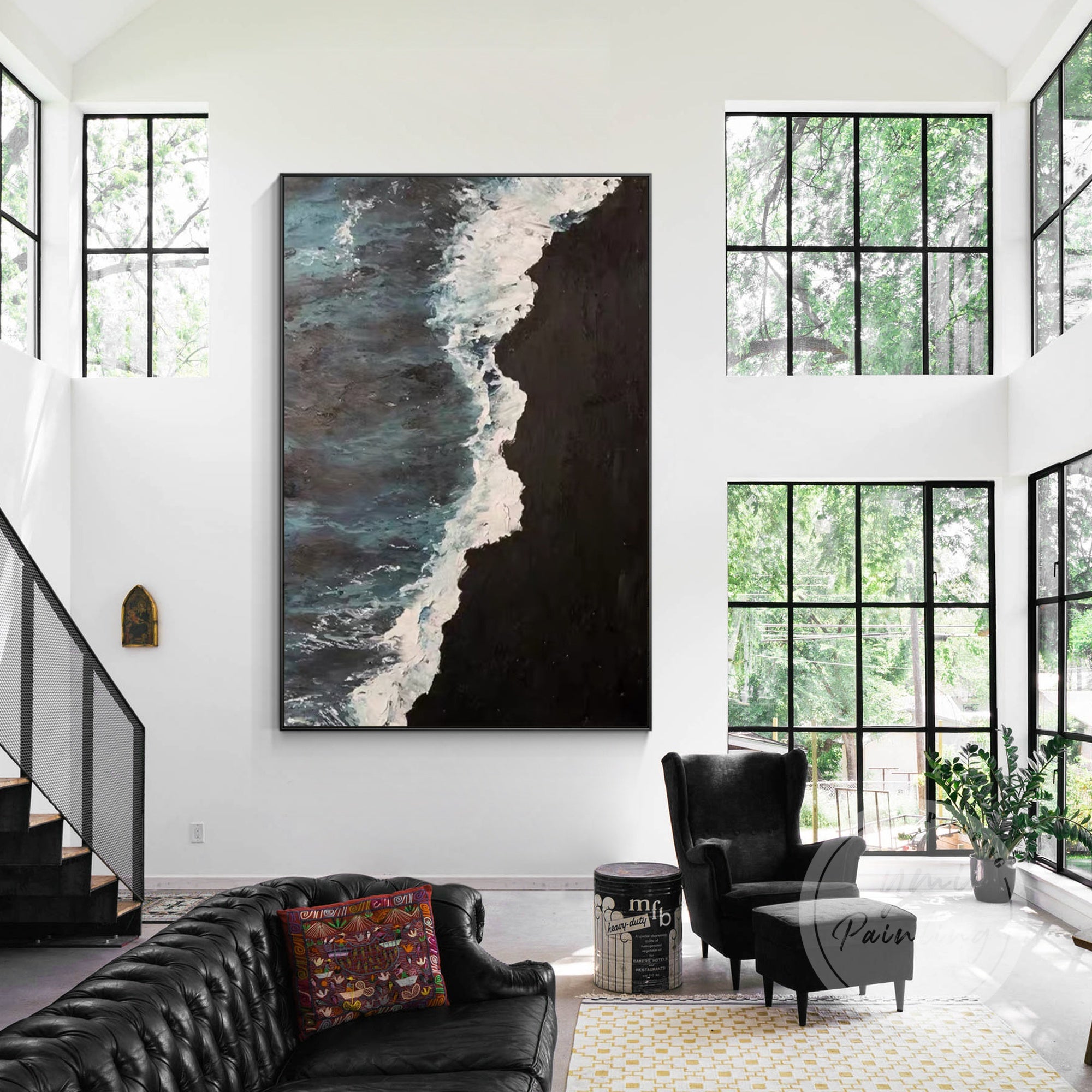 Oversized framed sea wave painting, perfect for modern and minimalistic interiors.