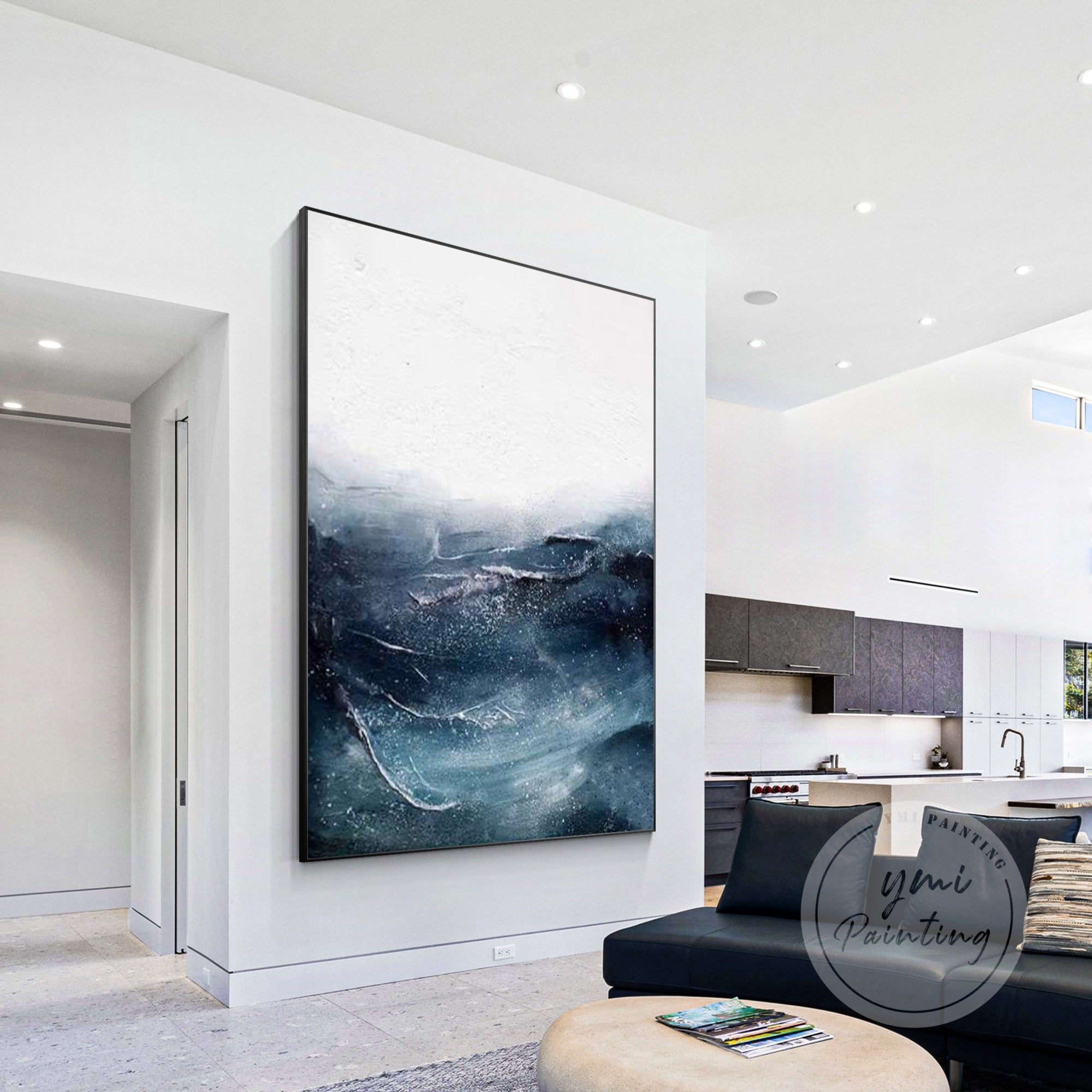 Large framed abstract ocean art featuring dynamic brushstrokes and ocean textures.