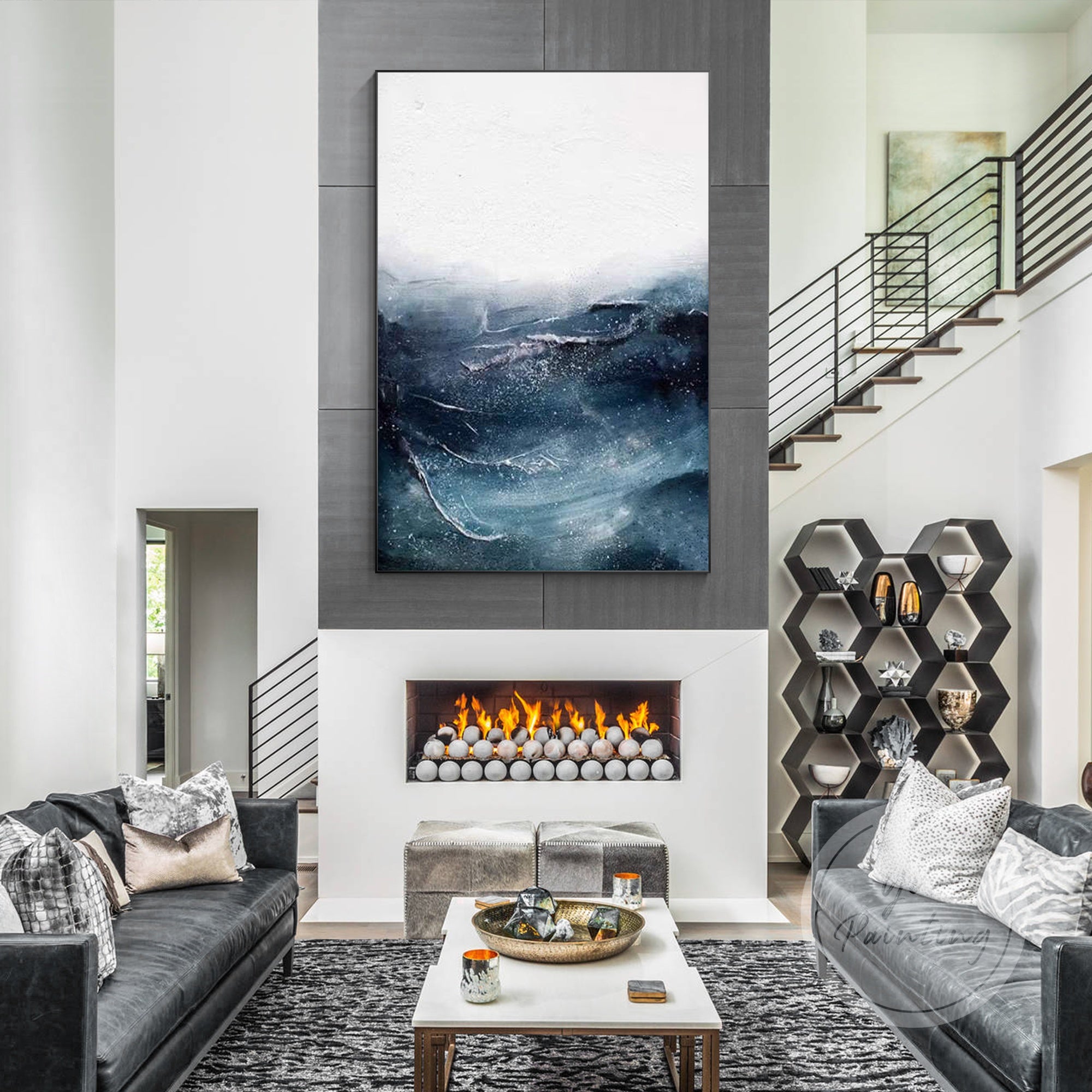 Vertical blue sea painting with a smooth, calming coastal vibe.