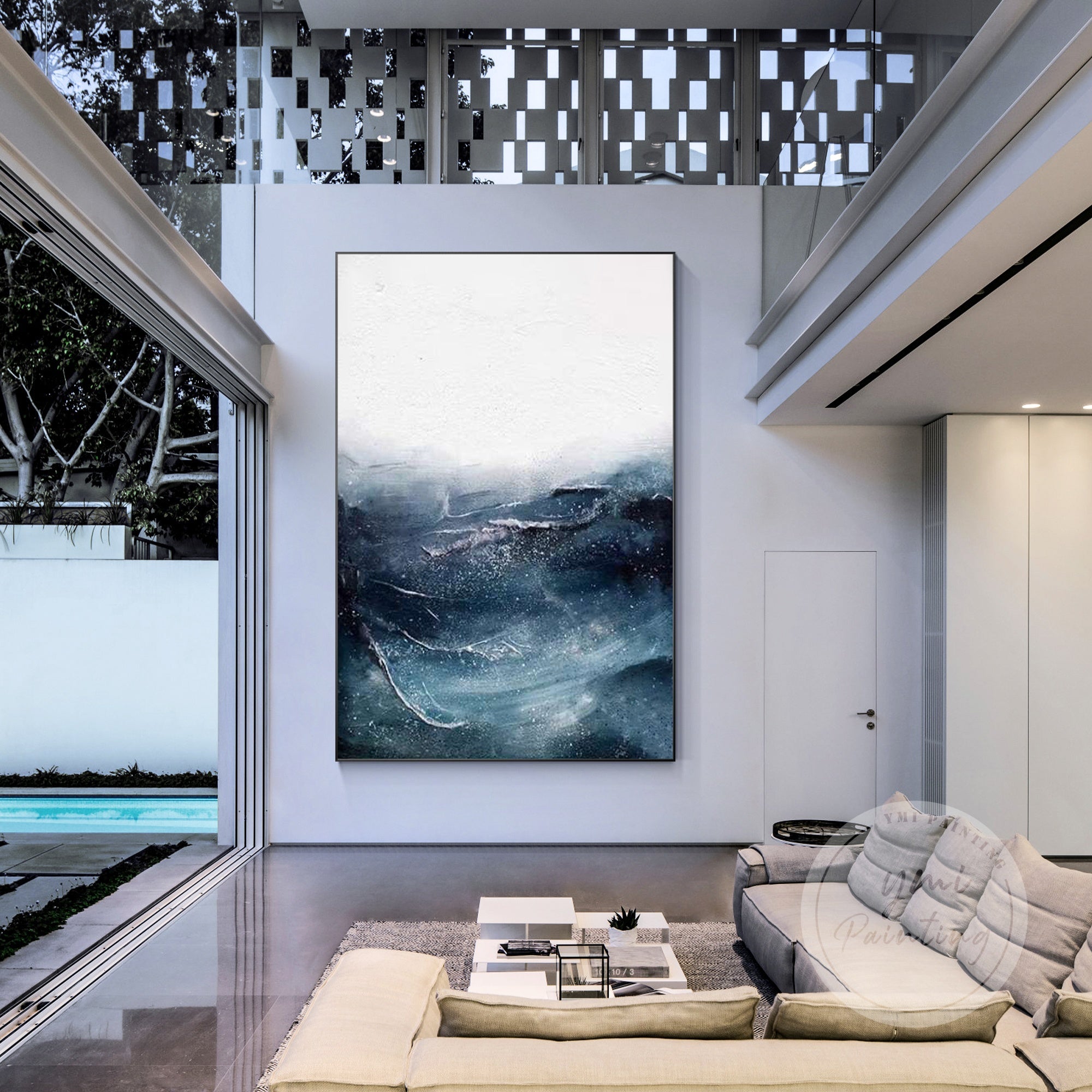 Textured ocean art depicting the powerful waves of a vivid blue seascape.