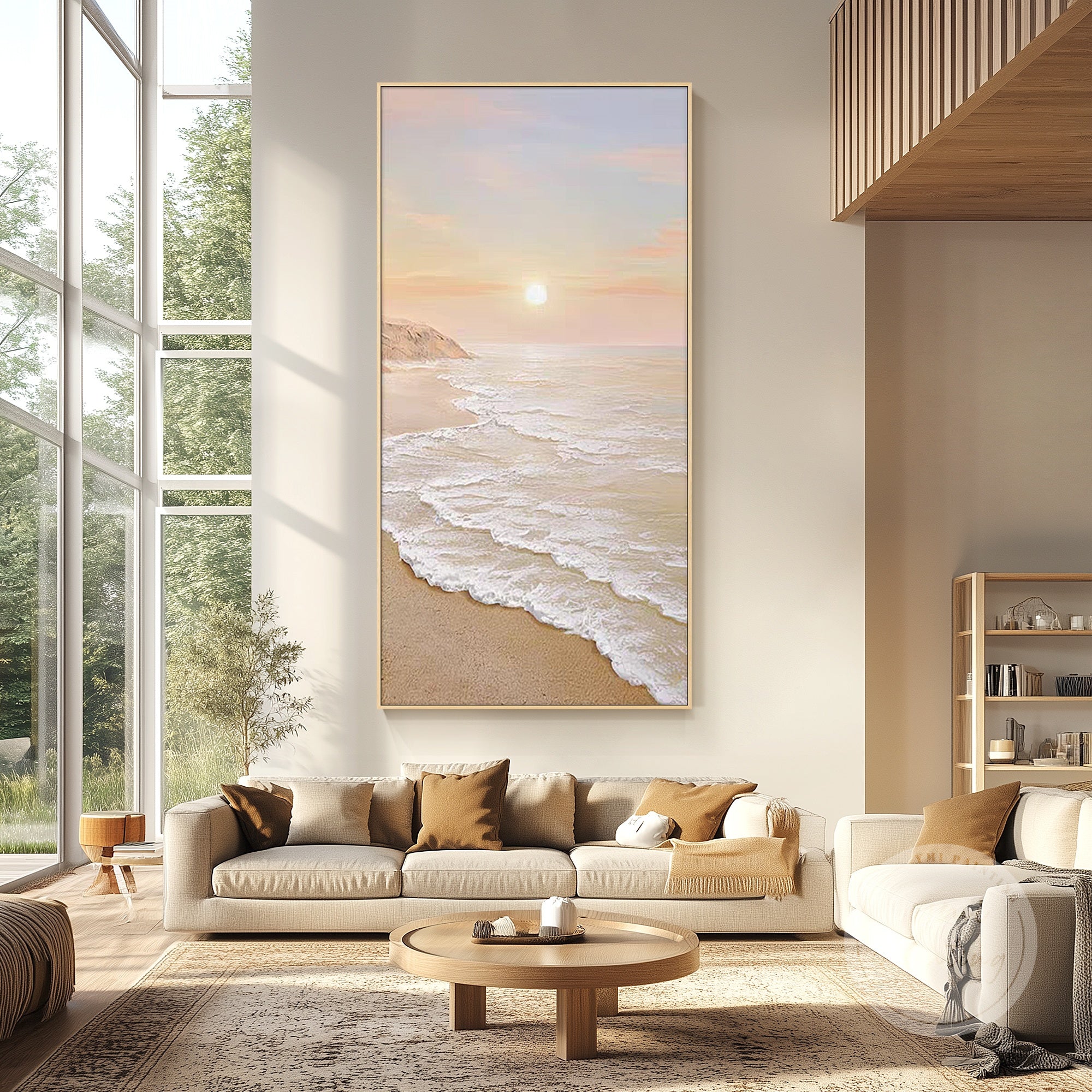 Vibrant 3D beach art featuring sunset waves and warm tones, a large coastal art piece ideal for contemporary home decor or a seaside-inspired room.