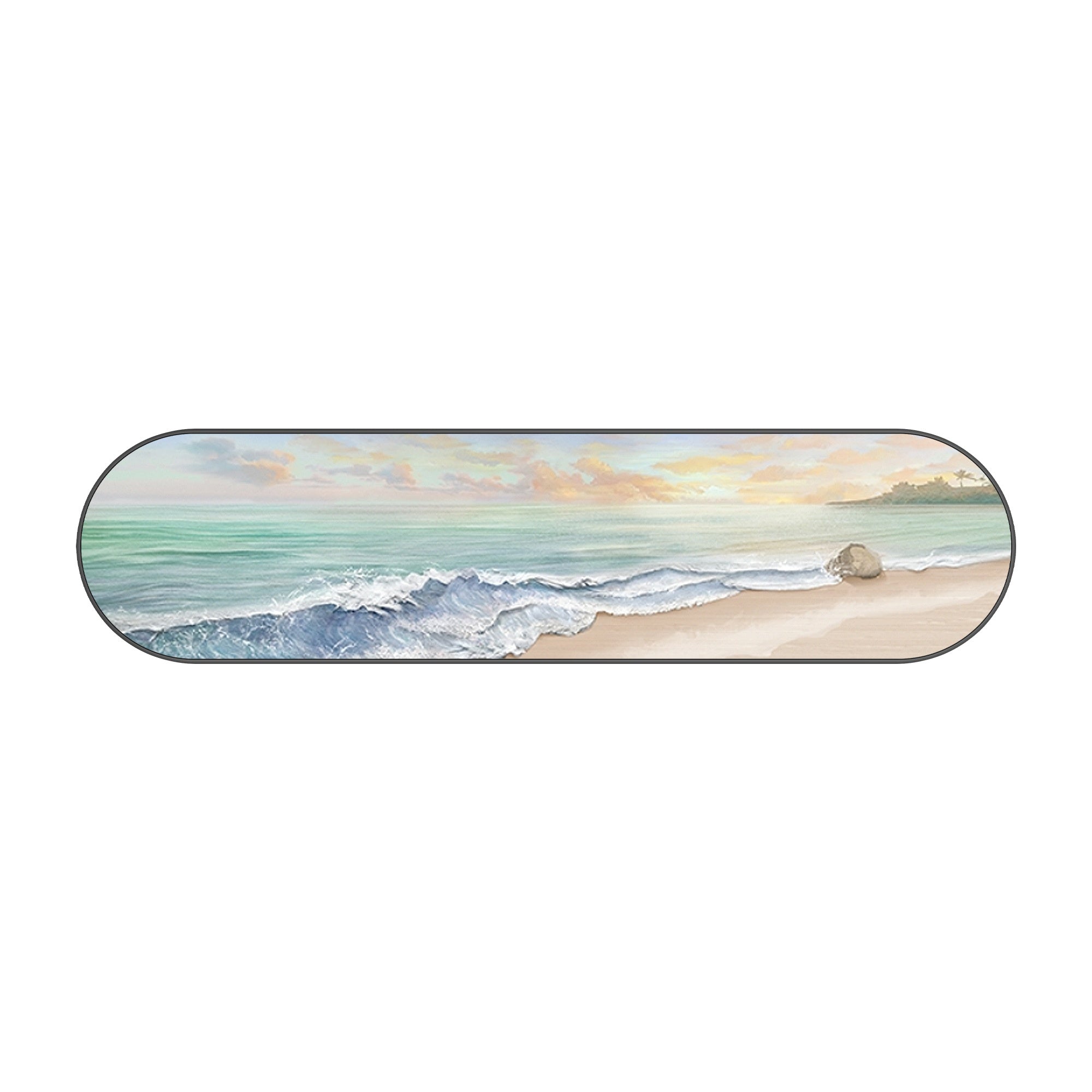 Hand-painted seascape with tropical hints at sea shore in a silver frame.
