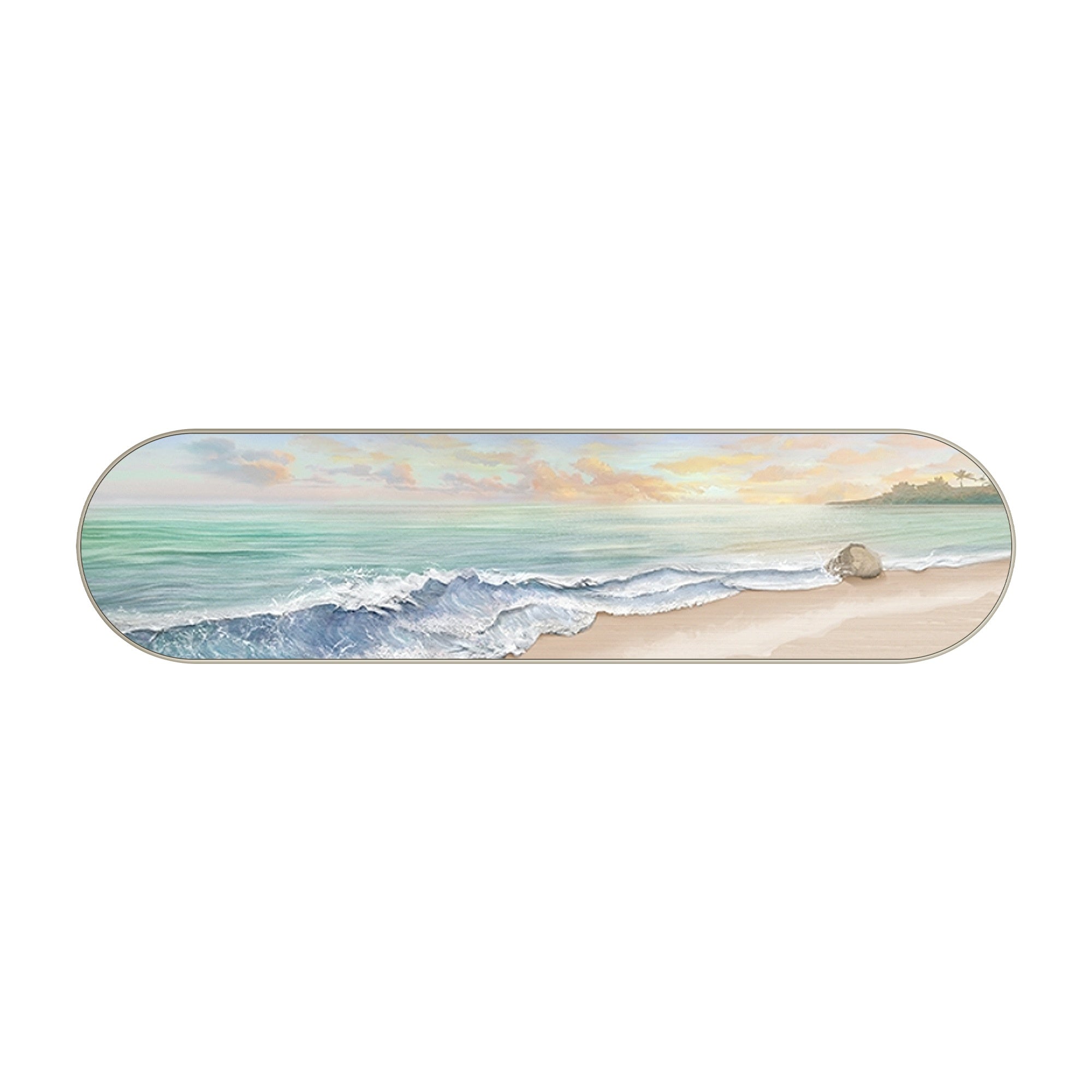 Large beach scene canvas with a crashing wave in the foreground in a golden frame.