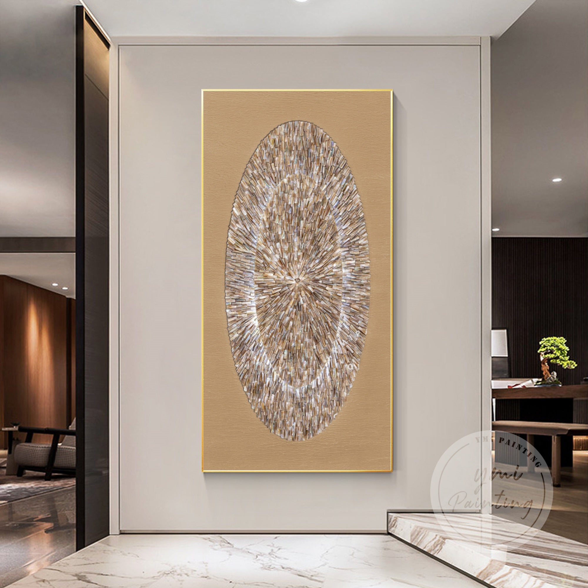 Beige seashell art with 3D oyster shell texture