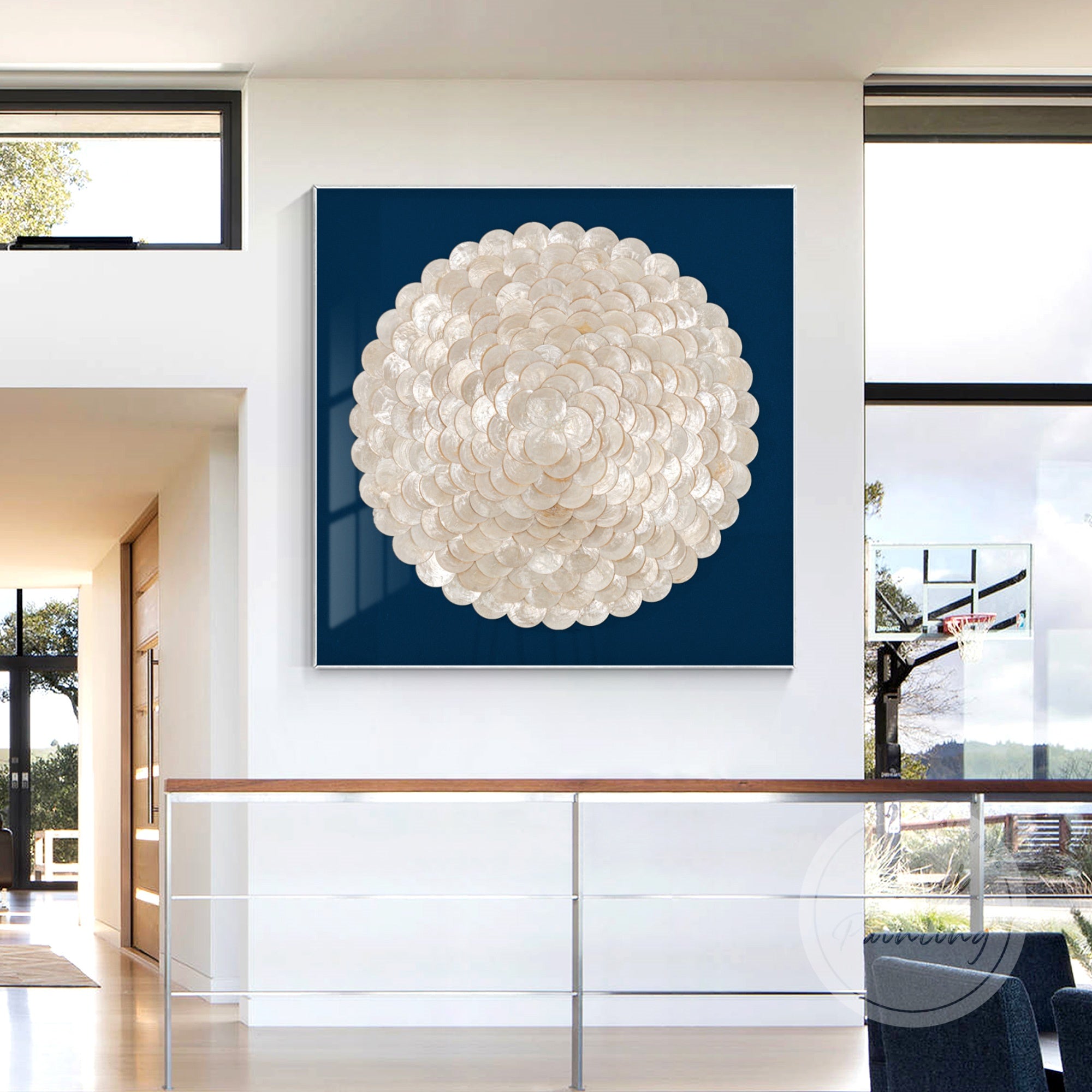 Elegant seashell art on deep blue backdrop