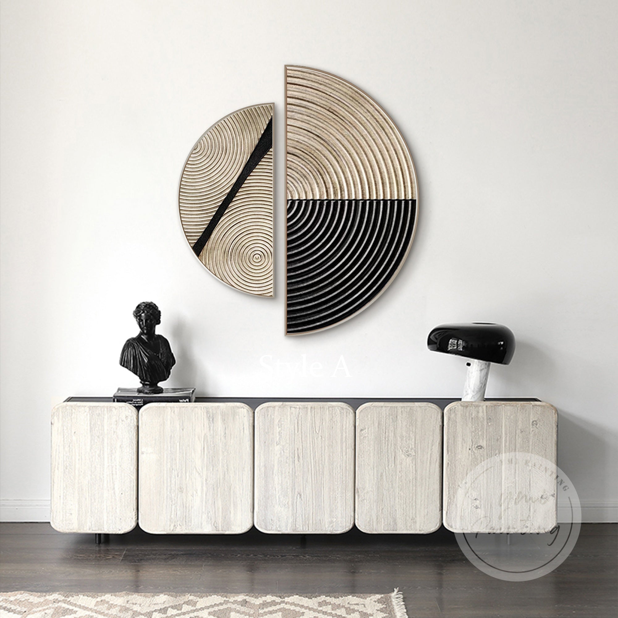 Set of 2 framed semicircle geometric paintings in neutral tones, featuring line and textured circle art for modern interiors.