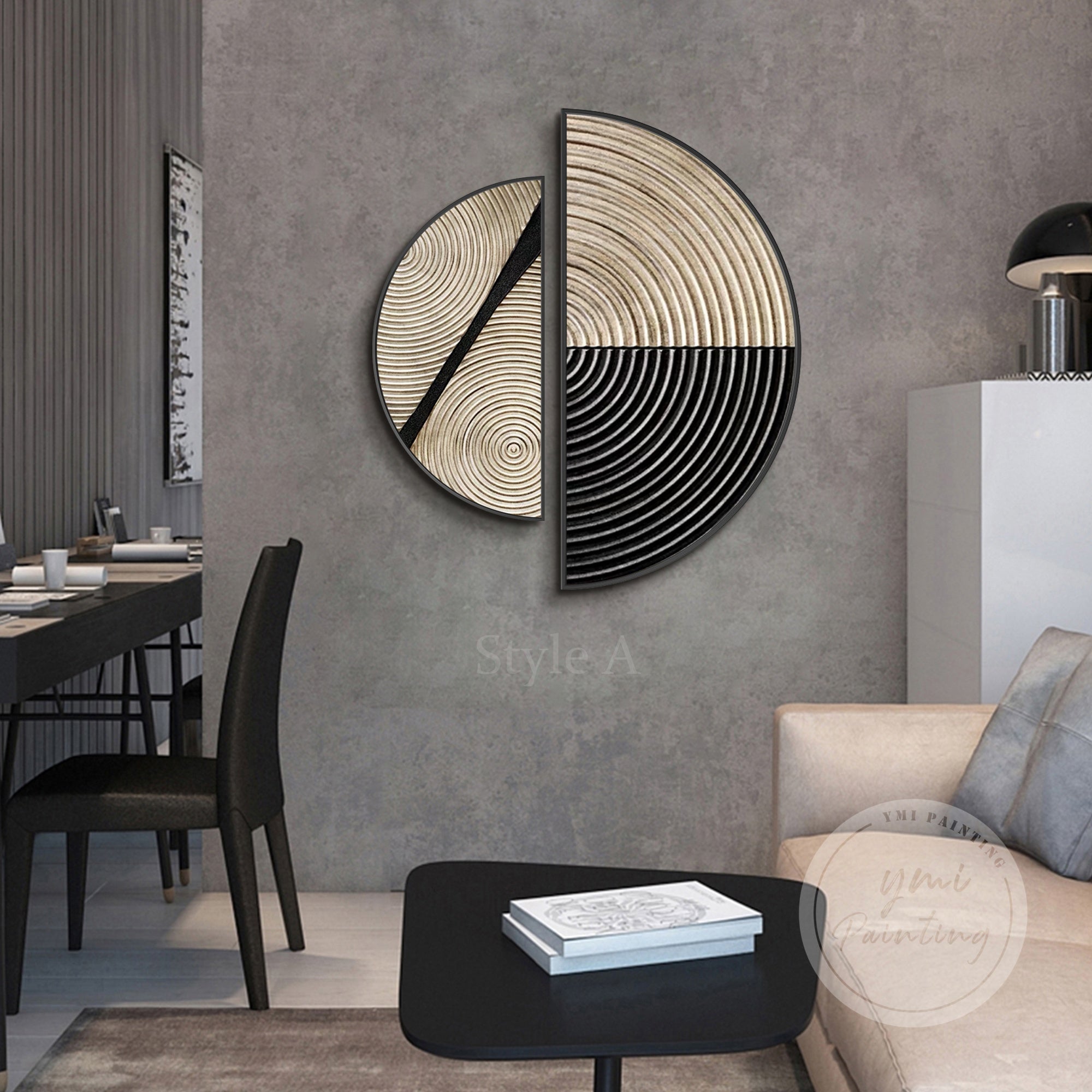 Modern abstract art set with semicircle motifs, framed in minimalist style and ideal for contemporary room décor.