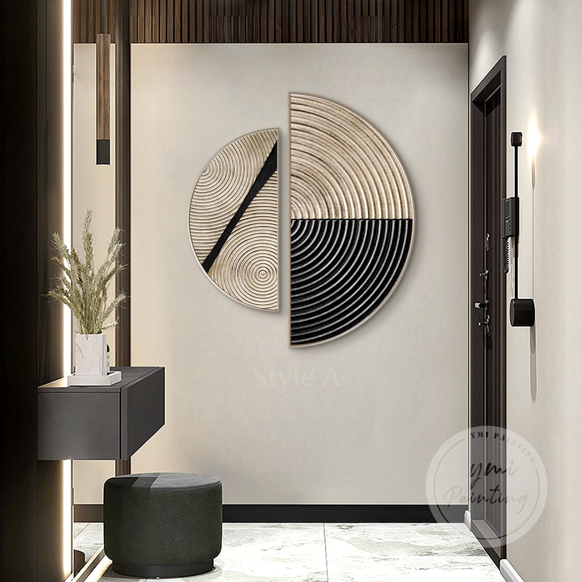 Neutral-tone semicircle paintings with geometric and linear patterns, perfect for living room or bedroom wall art.