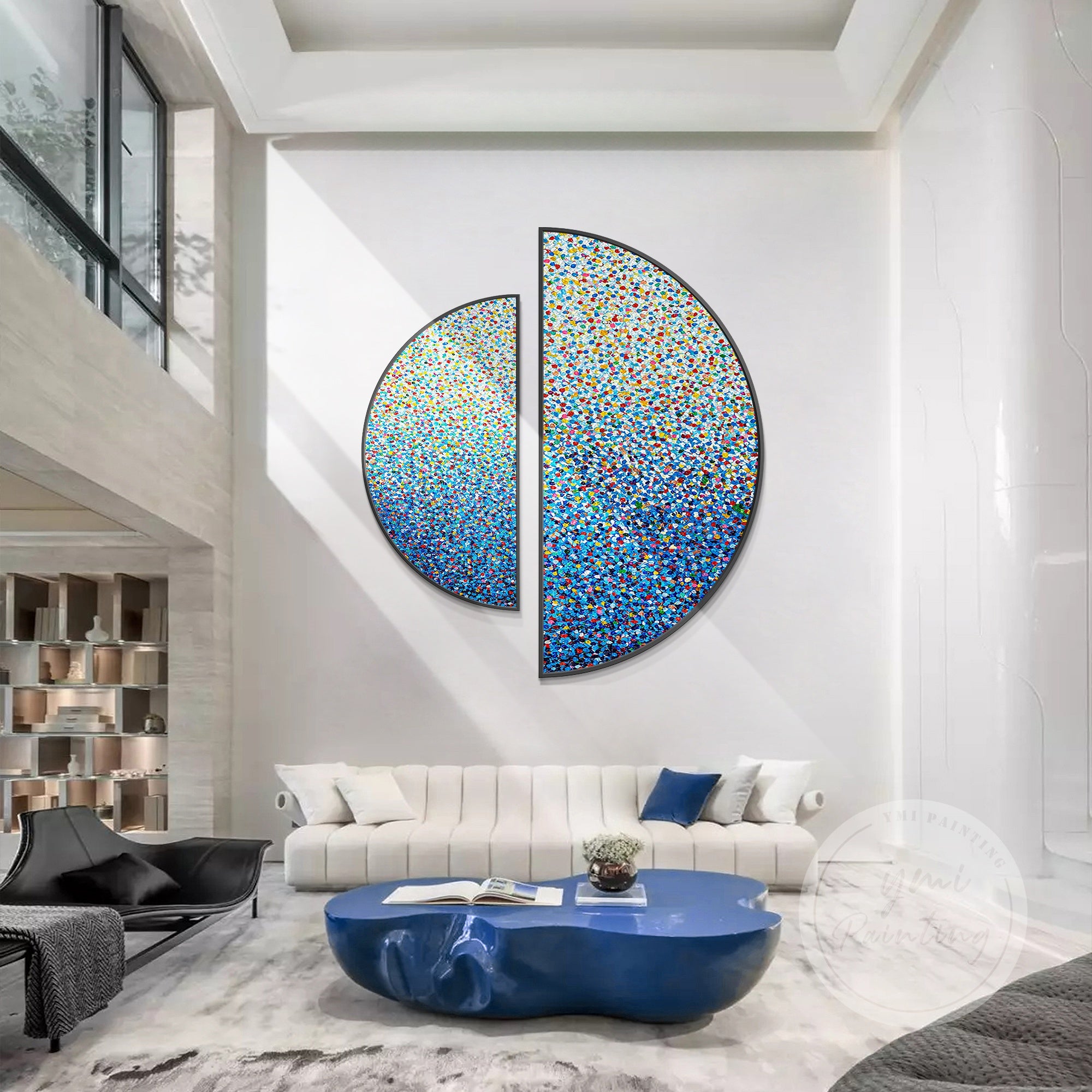 Round dimensional wall art with striking red and blue color blocks.
