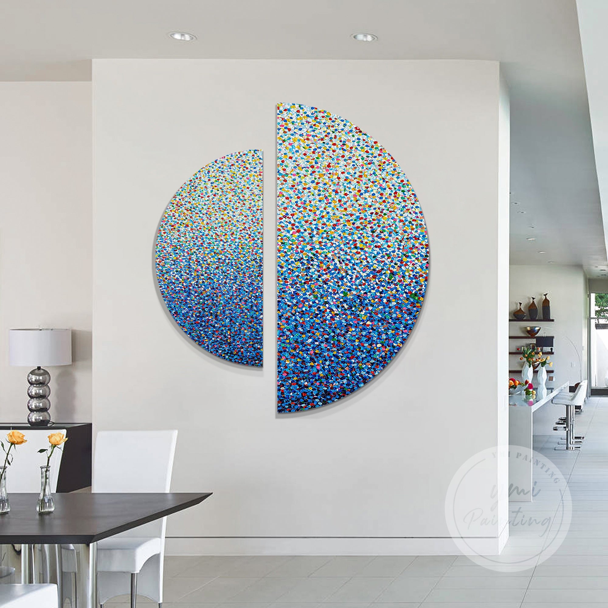 Blue abstract textured wall art with semicircle frame.
