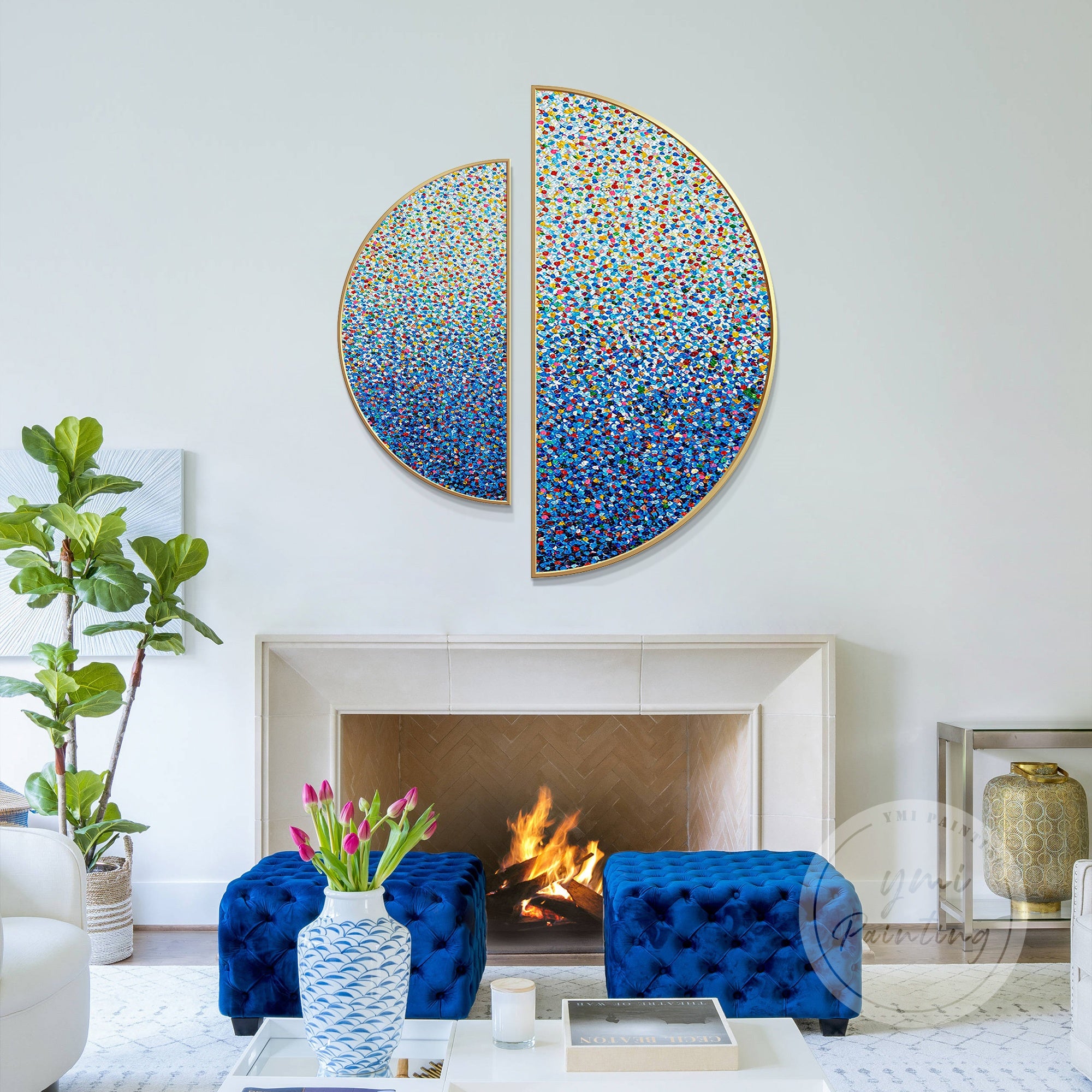 Modern red-blue wall decor with raised surface design.