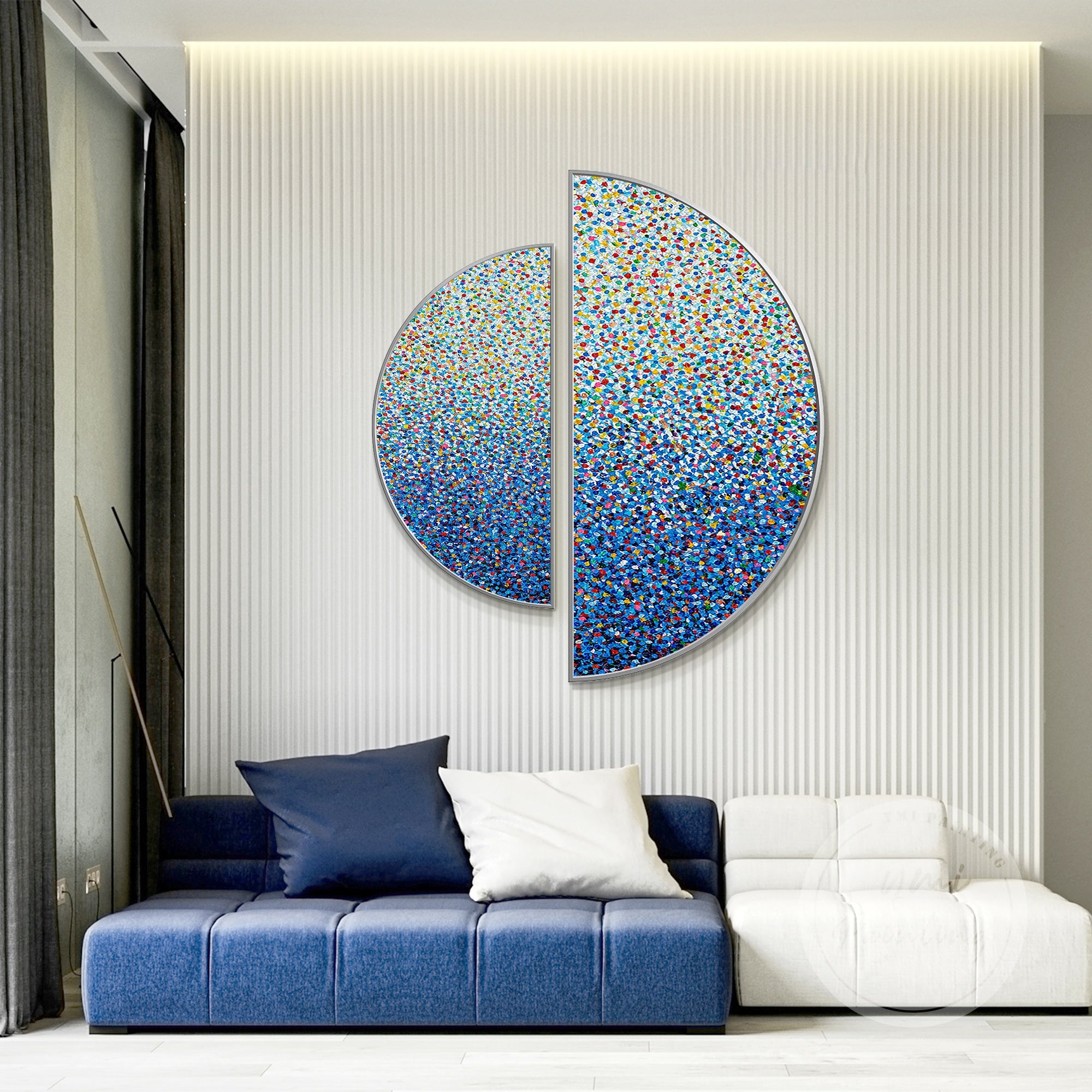 Contemporary geometric art with round silhouette and tactile surface.