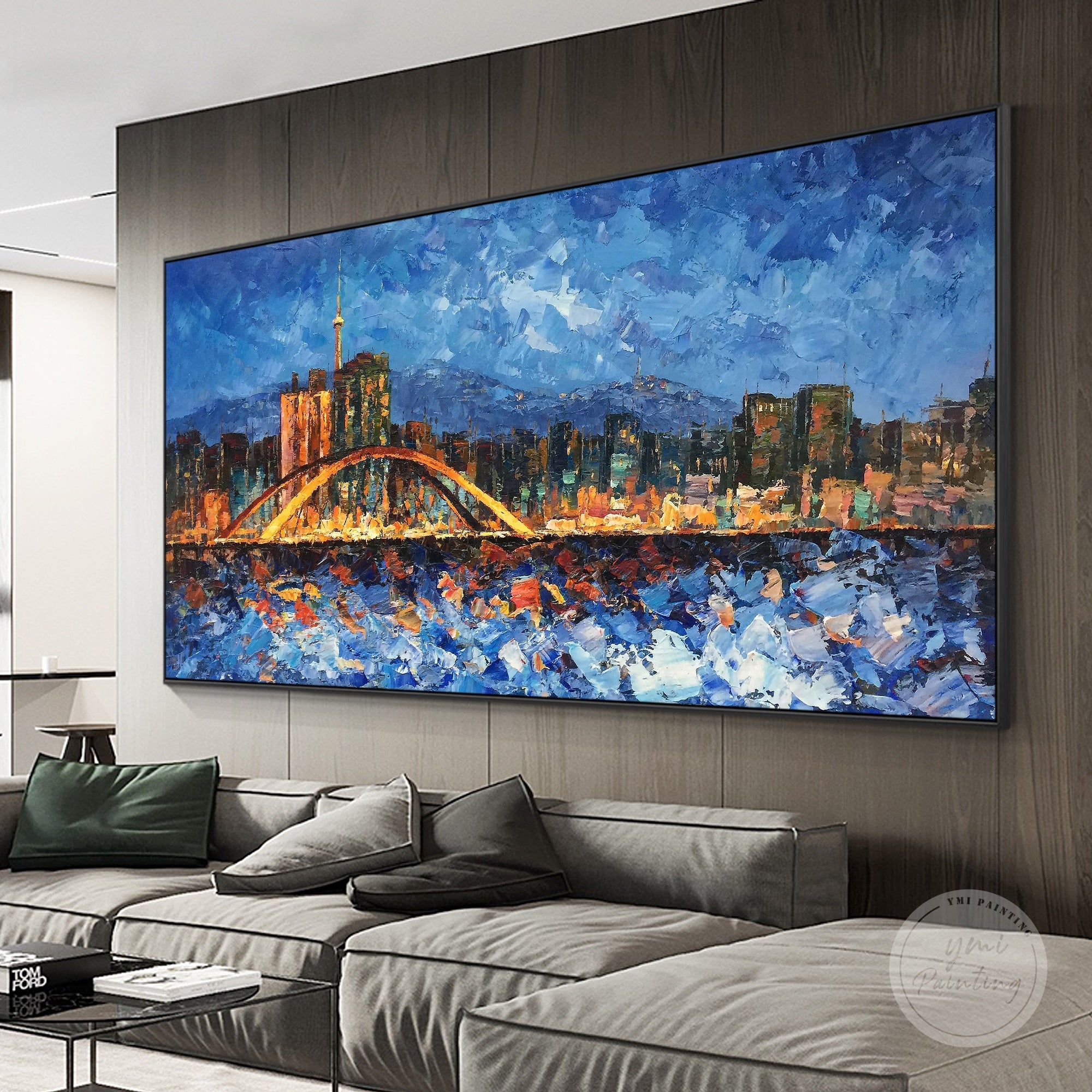 Modern abstract oil painting of Seoul cityscape, framed canvas art with dynamic urban design.