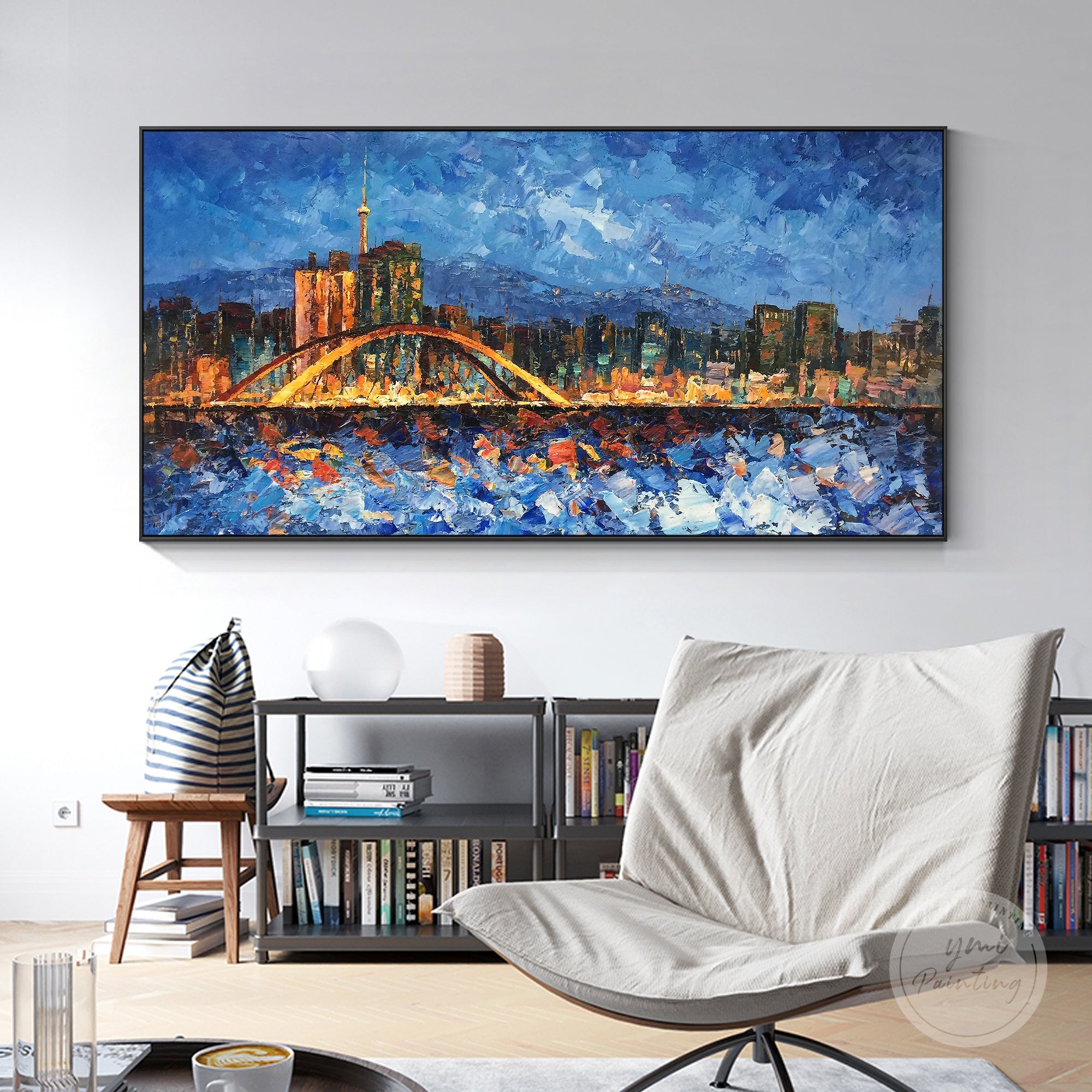 Framed Seoul cityscape oil painting, featuring vibrant abstract design capturing the energy of the city.