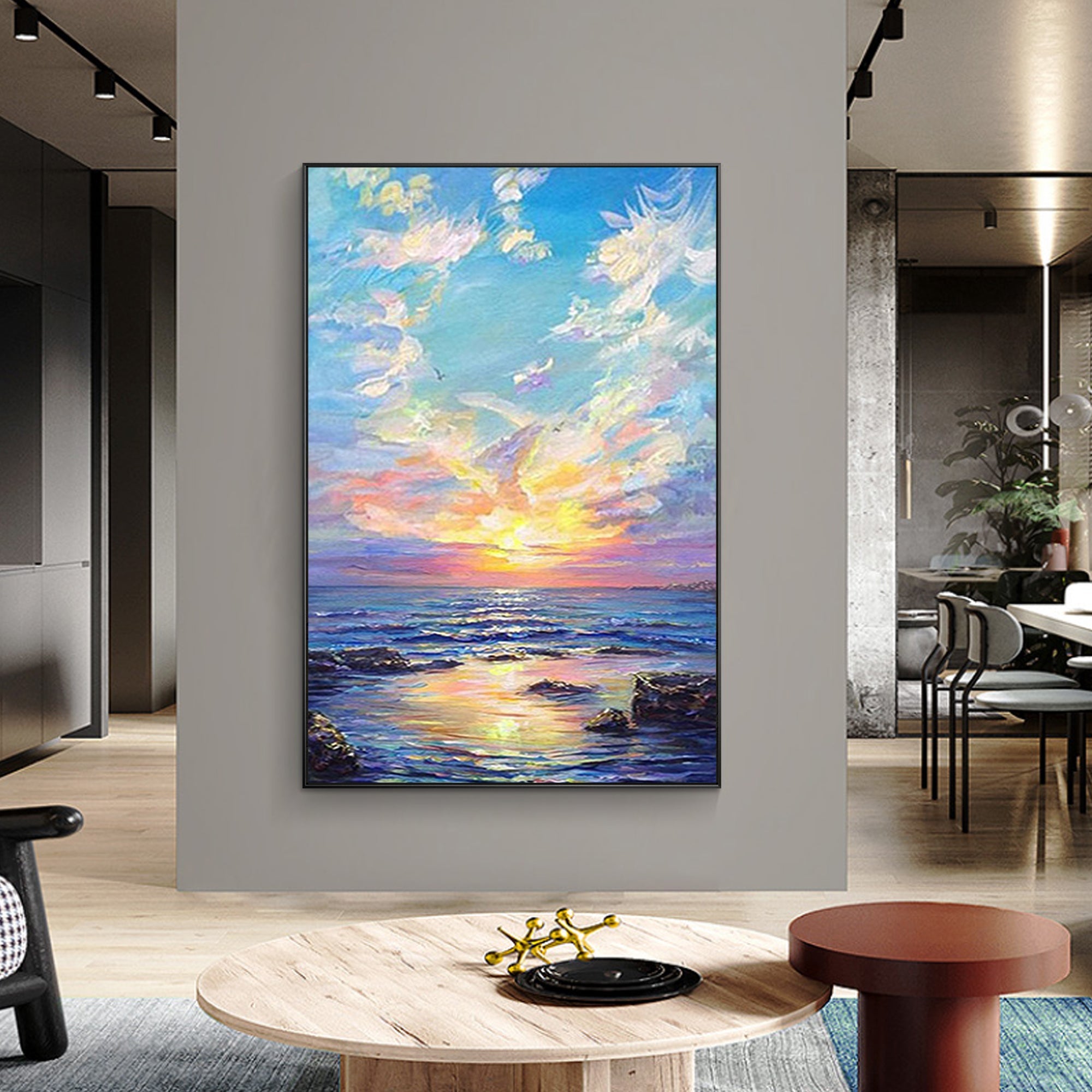 Serene sunset scene with calm ocean waves and twilight sky, enhanced by the soft glow of the setting sun and delicate clouds decoring a Nordic style living room.