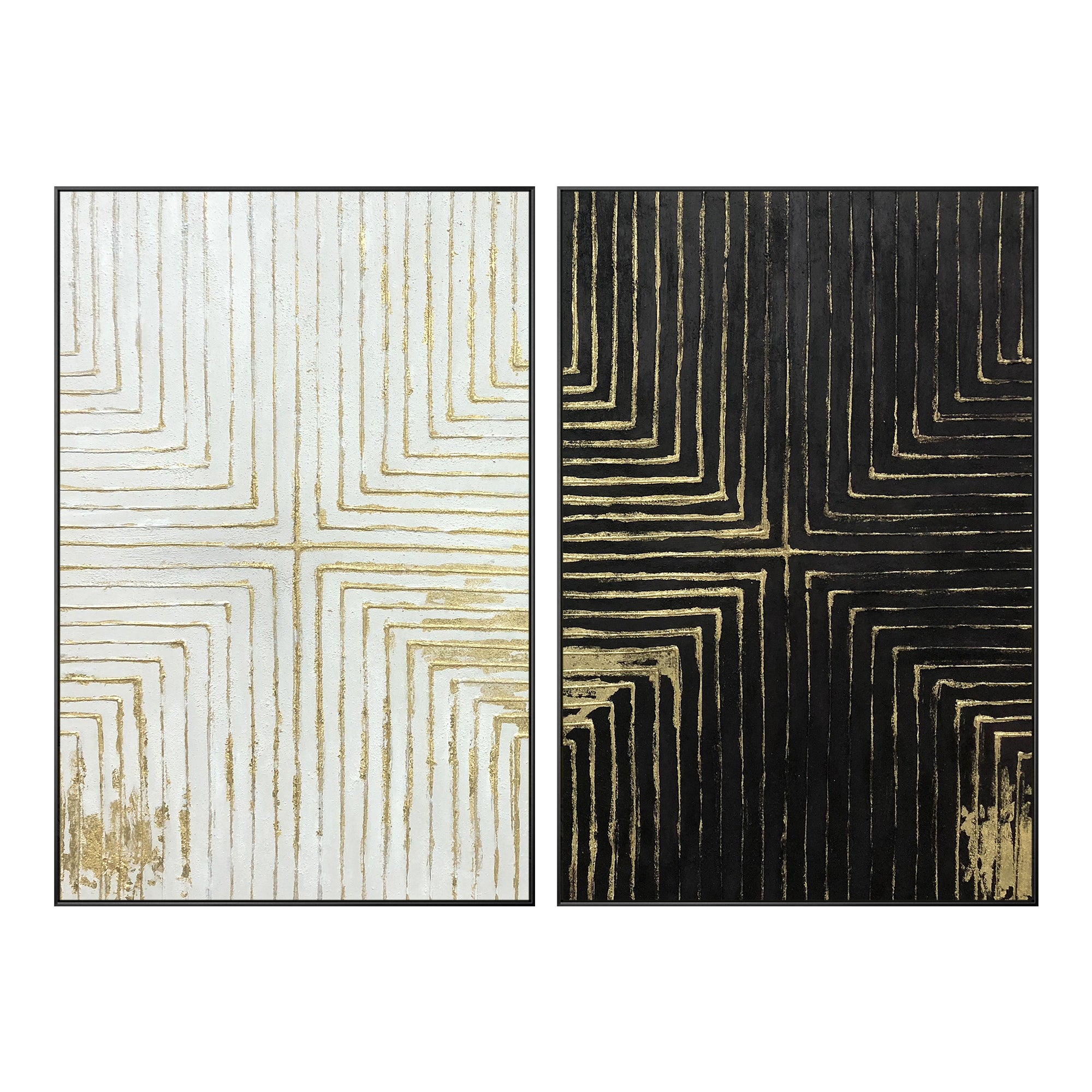 Set of 2 Abstract Gold Line Wall Art Black and White Design