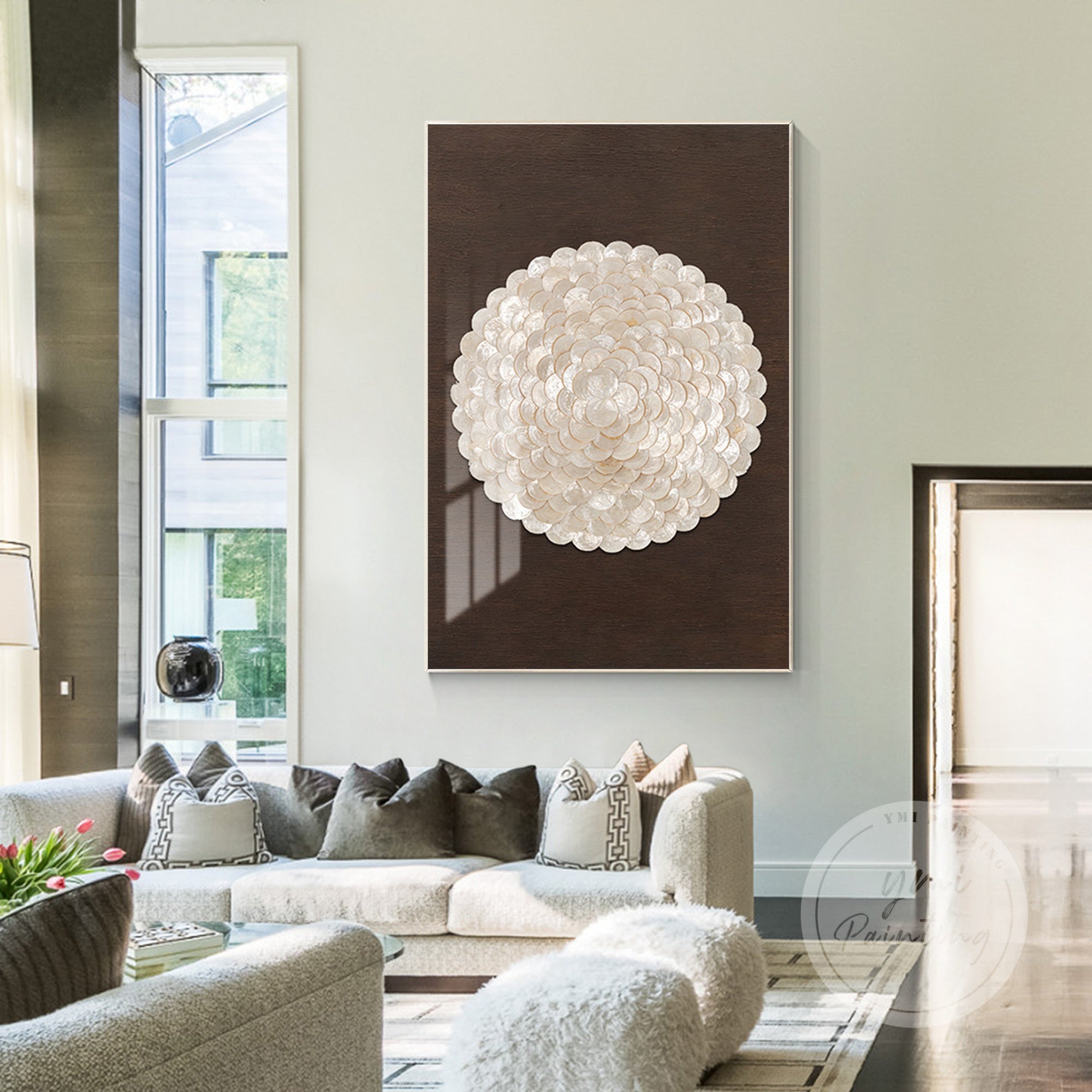 3D shell wall art in soft gold with shadowbox frame