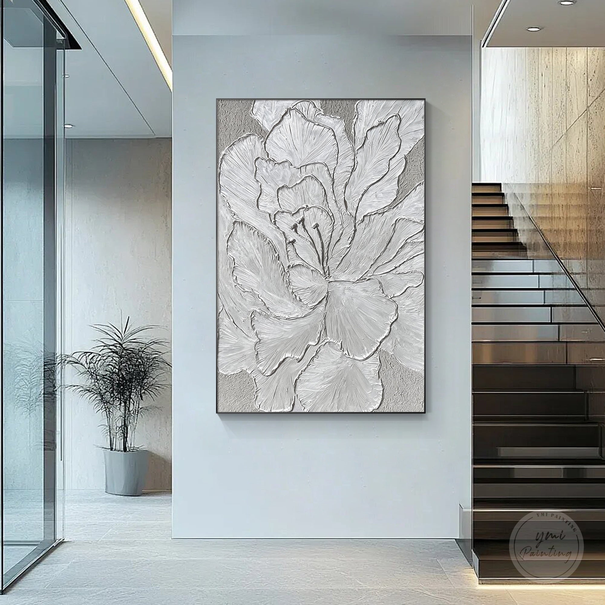 Elegant silver textured floral abstract painting