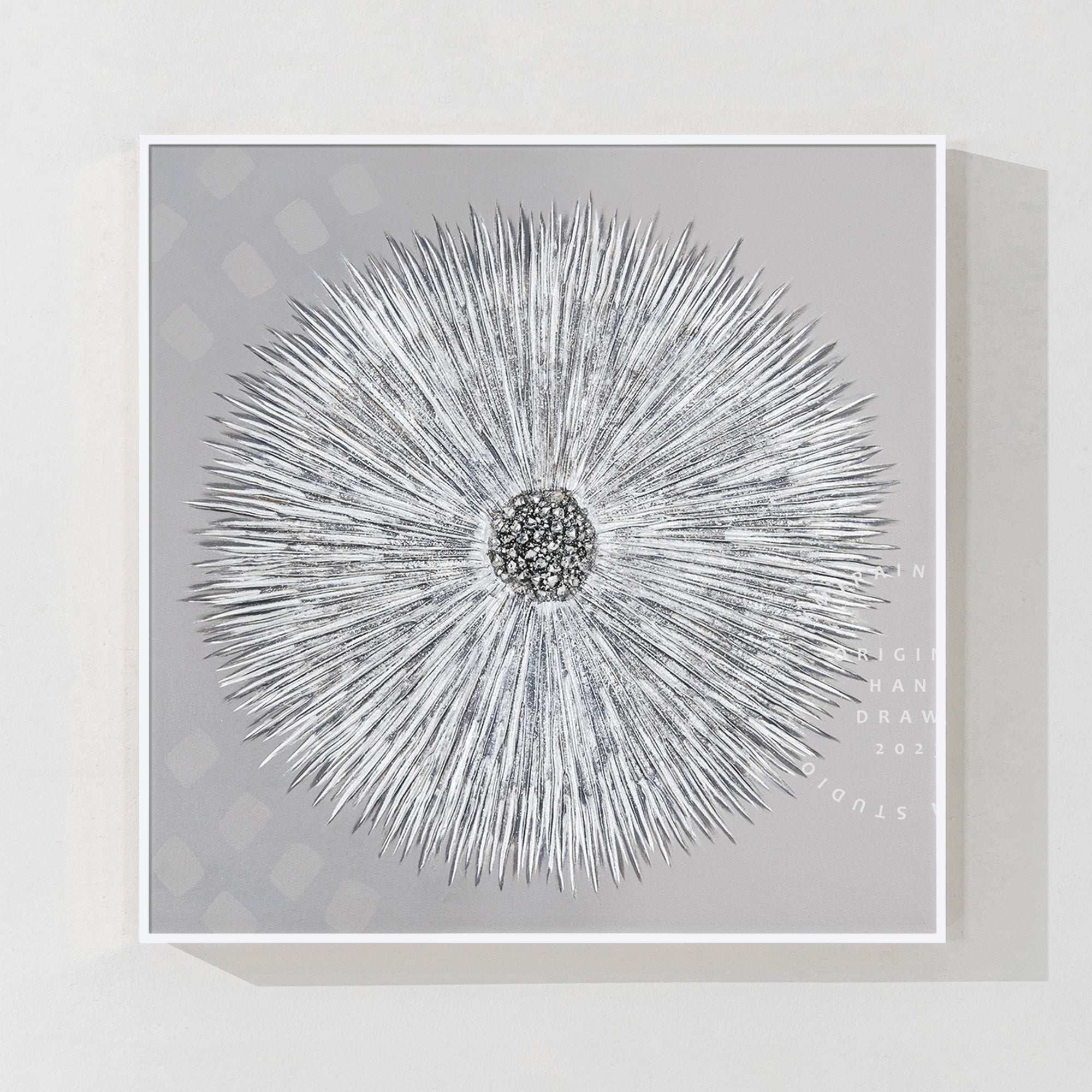 Silver Abstract Flower Wall Art with Crystal Texture on Gray Canvas 1