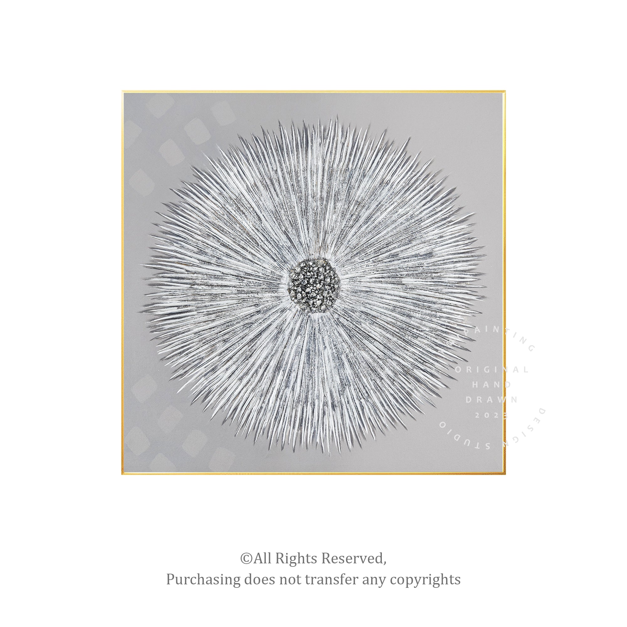 Silver Dandelion with Crystals – Abstract Modern Floral Wall Art in gold frame