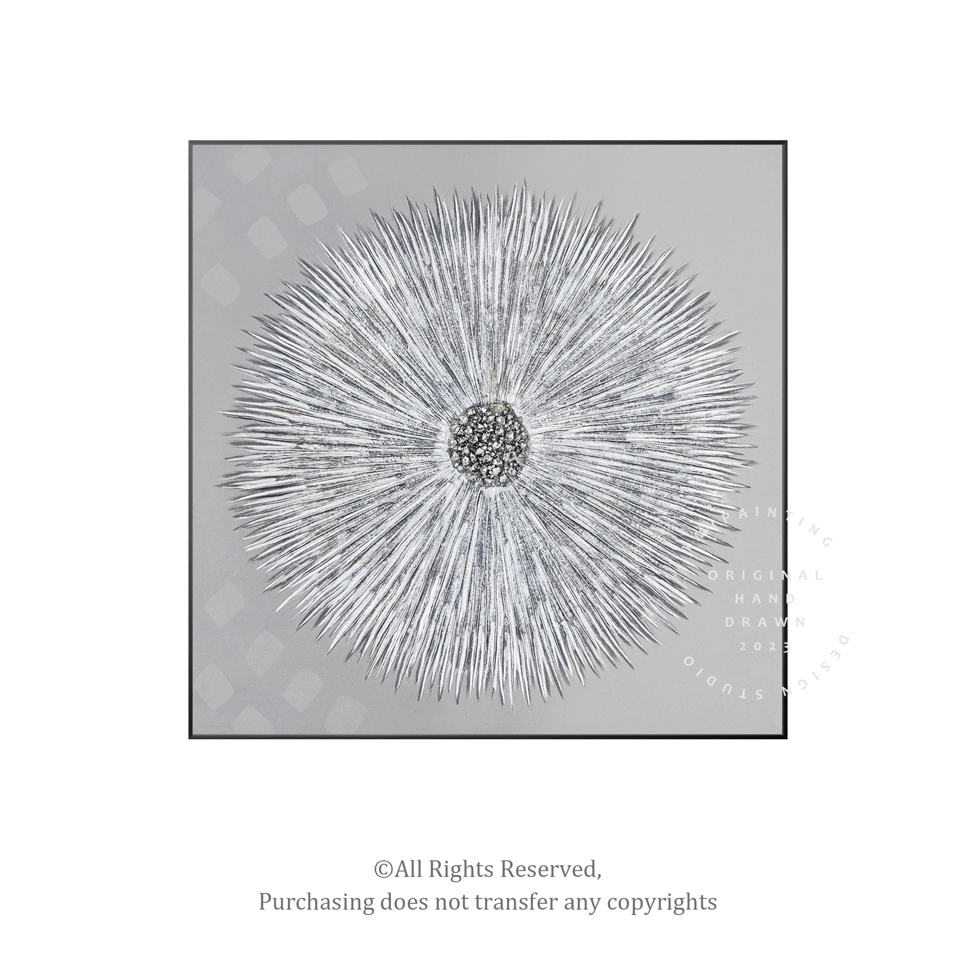 Silver Dandelion with Crystals – Abstract Modern Floral Wall Art in black frame