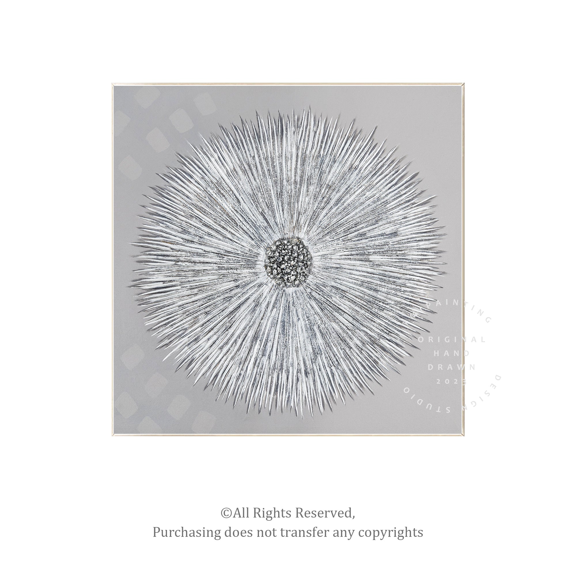 Silver Dandelion with Crystals – Abstract Modern Floral Wall Art in silver     frame