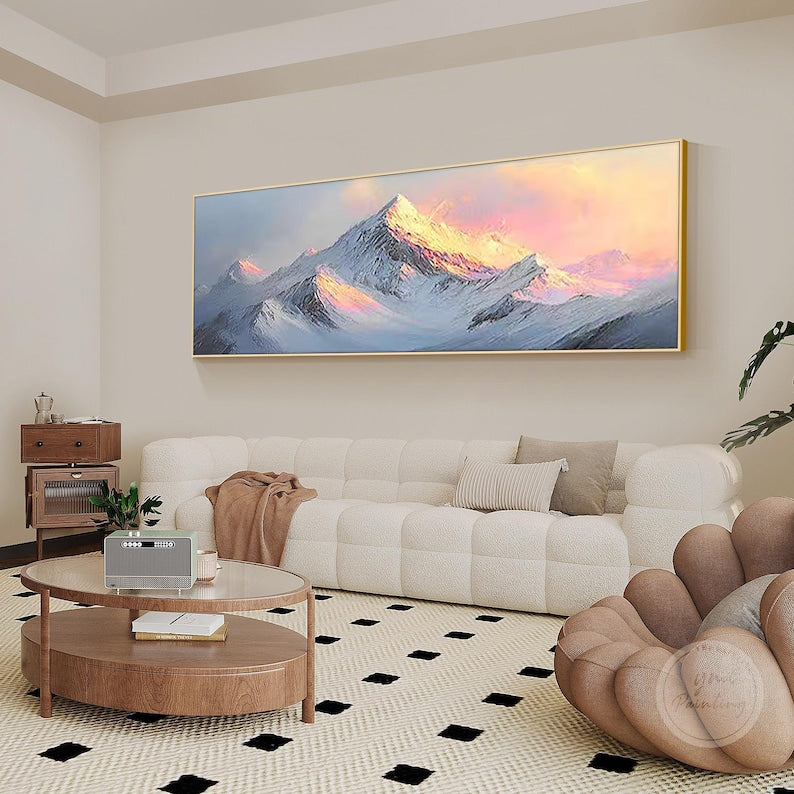 
Sunrise snow landscape artwork hanging in a serene reading nook, thoughtful gift for nature enthusiasts