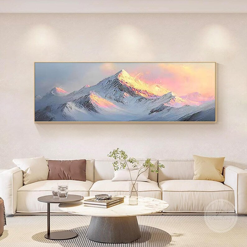 
Horizontal snow mountain painting displayed in a high-end apartment, stylish gift for homeowners