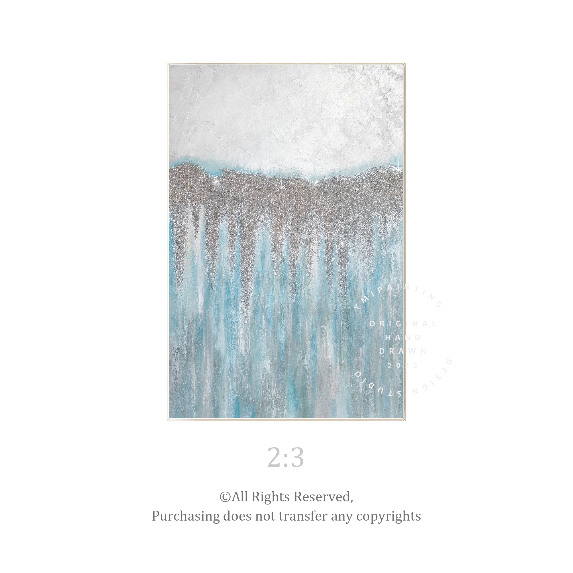 Soft baby blue abstract art with silver glitter texture.