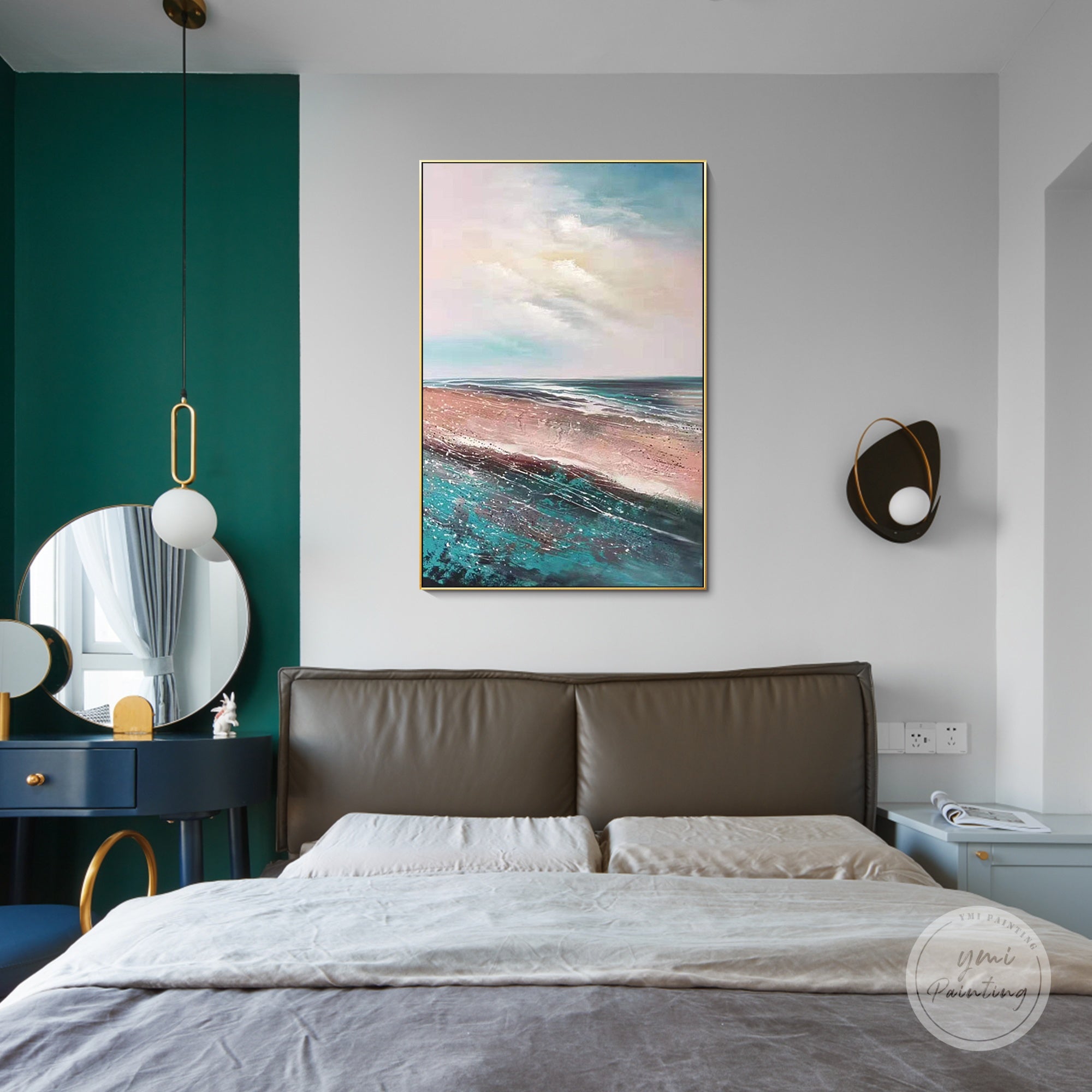 Soft ocean painting for bedroom wall decor with pastel tones and coastal atmosphere