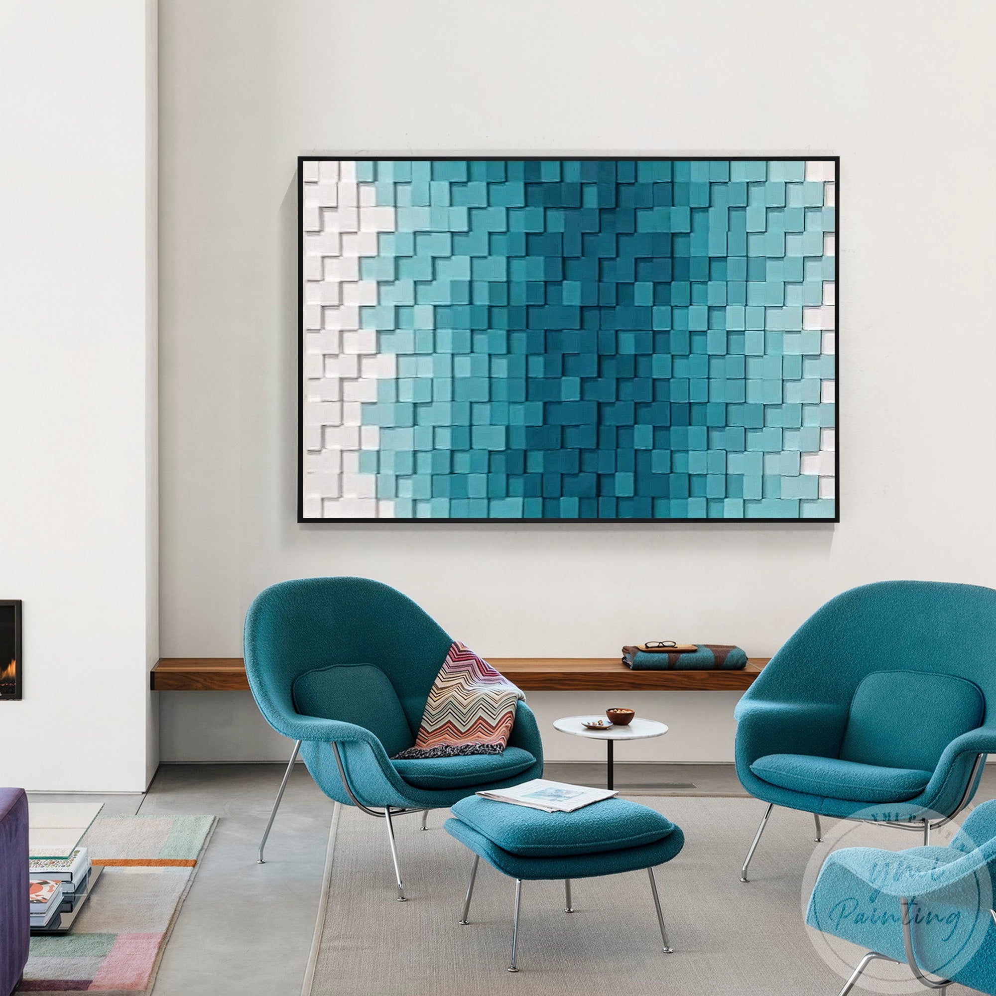 Teal and blue abstract geometric painting hanging above a bed in a warm, minimalist master bedroom.