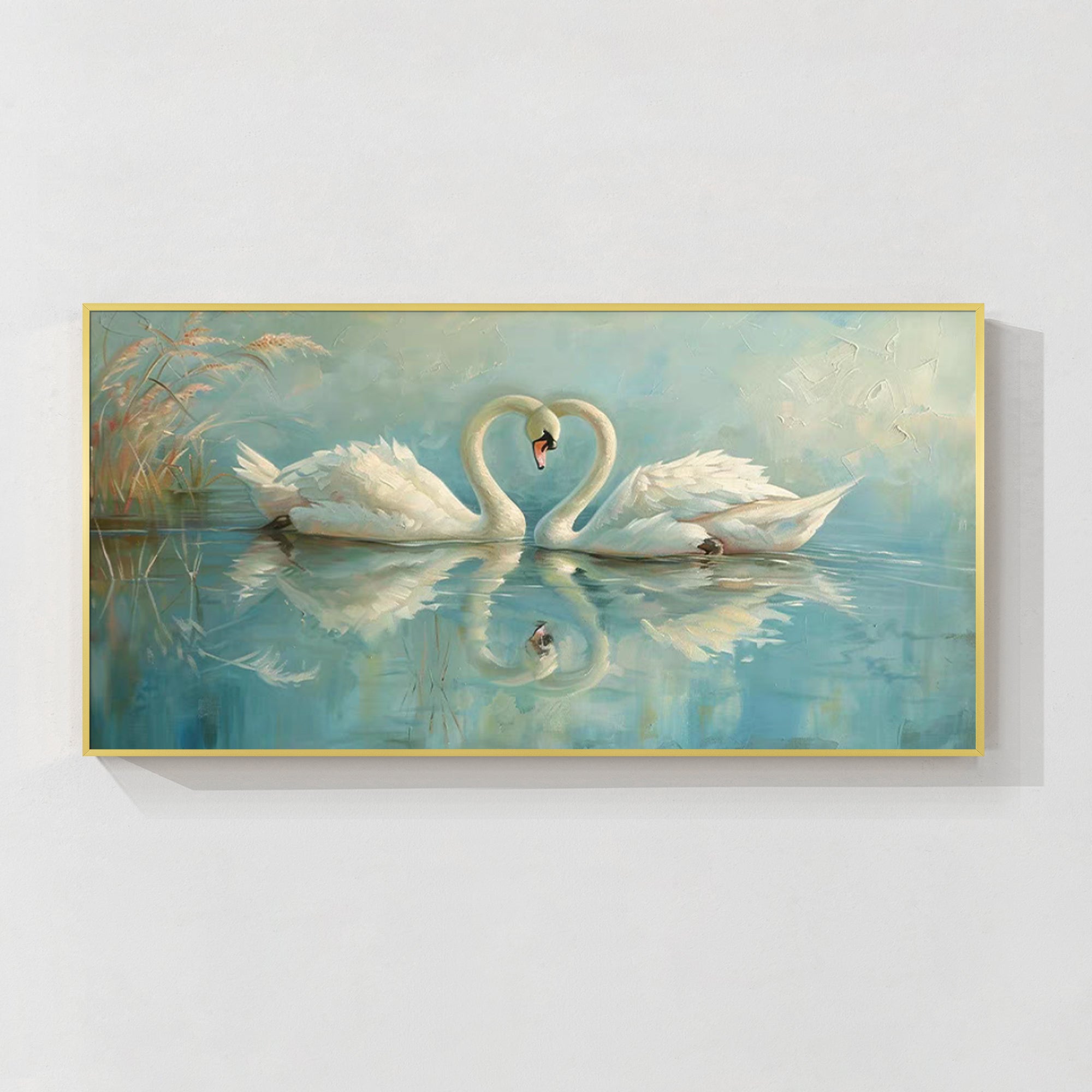 Large swan pair painting on a tranquil blue lake, perfect for adding romance to your home decor.